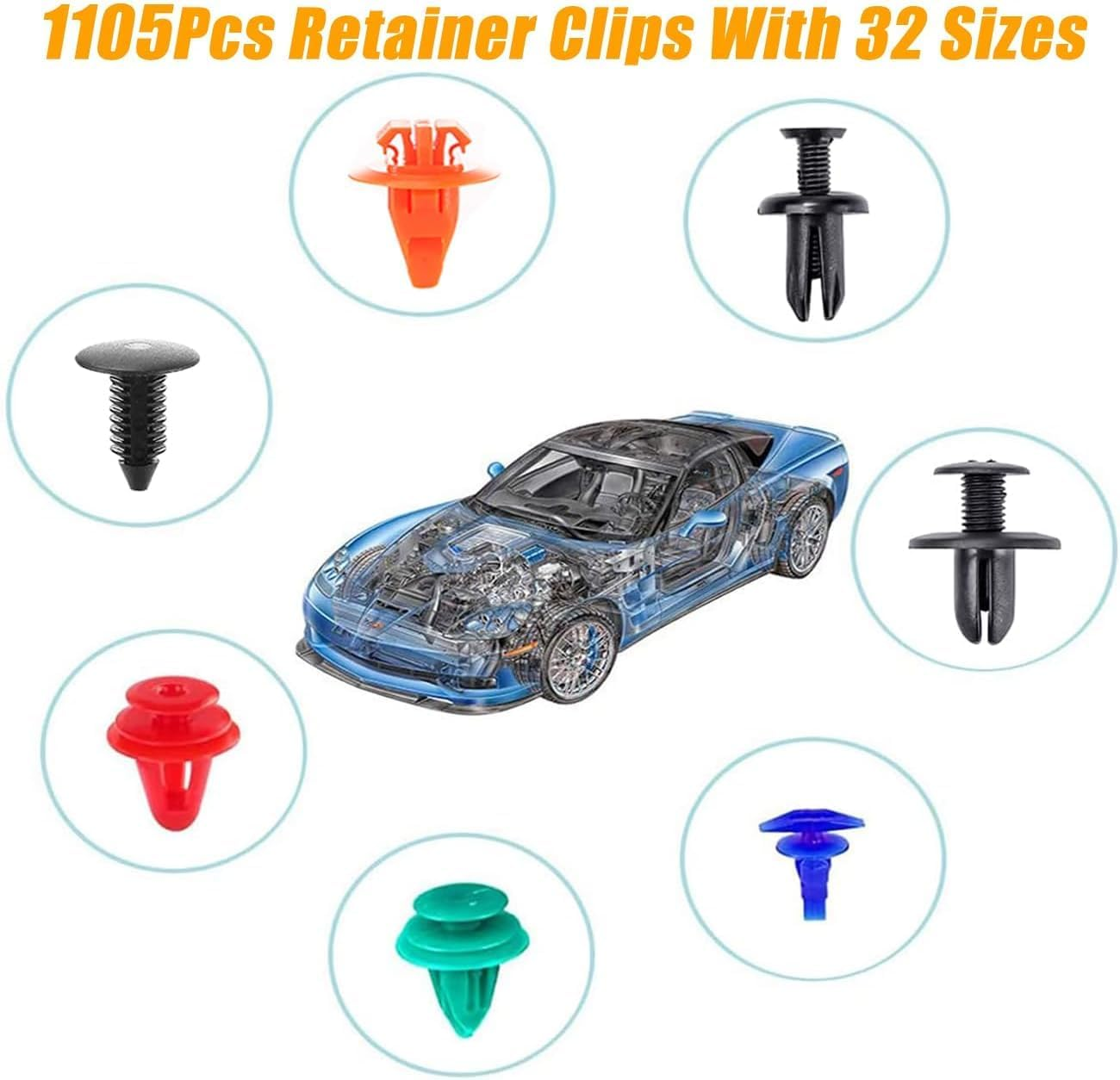 1240Pcs Car Push Retainer Clips & Auto Fasteners Kit - 32 Most Common Sizes of Nylon Bumper Fender Rivets with 10 Cable Ties and Fastener Remover, Car Push Retainer Clips Set, Universal for All Cars image number 5