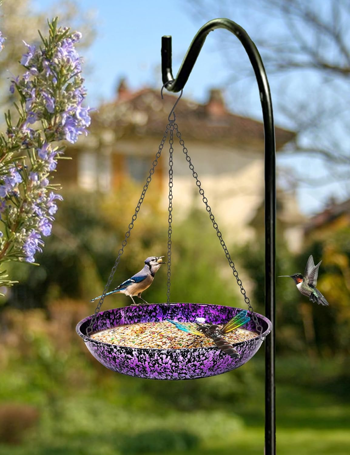 Hanging Bird Bath for Outdoor 11 Inch Colorful Purple&Blue Metal Bird Feeder Birdbath Bowl Mounted Rust-Proof Black Chain Metal Dragonfly Yard Art Garden Decor image number 4