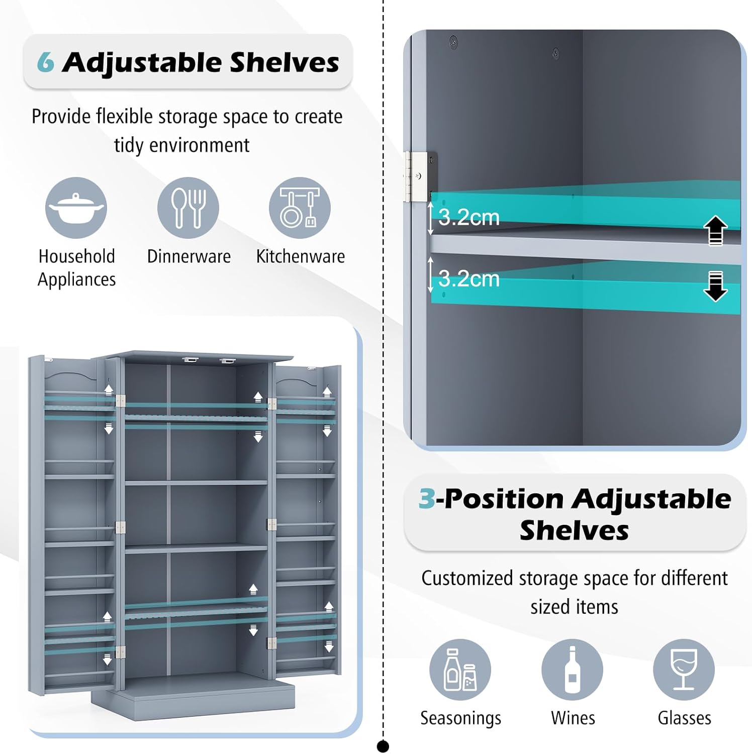 Giantex 120Cm Kitchen Storage Cabinet, Freestanding Buffet Cupboards Sideboard with 2 Doors & Anti-Tipping Devices, Modern Pantry Storage Cabinet for Kitchen, Living Room, Dining Room (Grey) - White image number 3