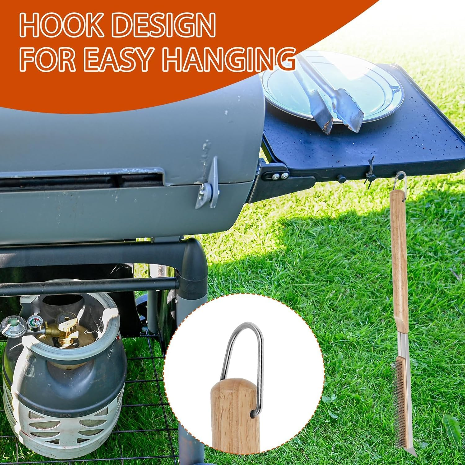 21'' Pizza Brush with Stainless Steel Stone Scraper - Brass Bristles - Wood Handle - Hanging Ring - Outdoor Pizza Oven Accessory - Compatible with Ooni, Gozney, Blackstone, Solo Stove Ovens (Standard) image number 1