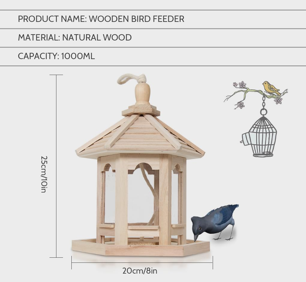 Qttie Wooden Bird Feeders for Outdoors Hanging Bird Feeder, Transparentbird Feeder, Wild Bird Seed for outside Feeders and Garden Decoration Yard for Bird Watchers