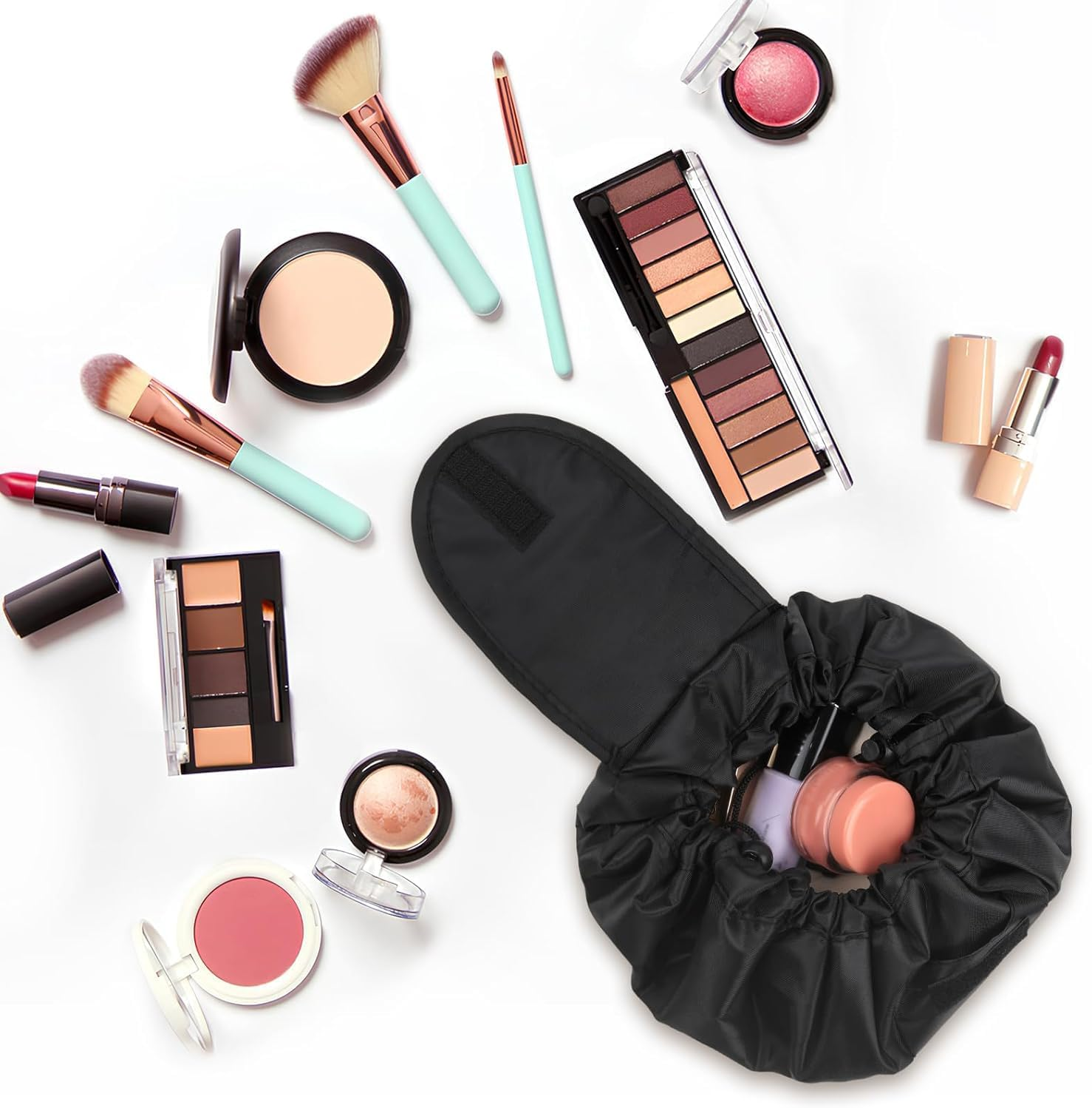 Lazy Drawstring Flat-Lay Cosmetic Makeup Bag for Women'S Travel and Storage(Black)