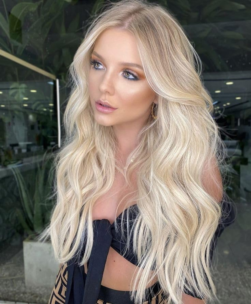 KIELO Long Wavy Synthetic Wig, Light Blonde, 66 Cm, Heat Resistant, Middle Part - Black image number 7