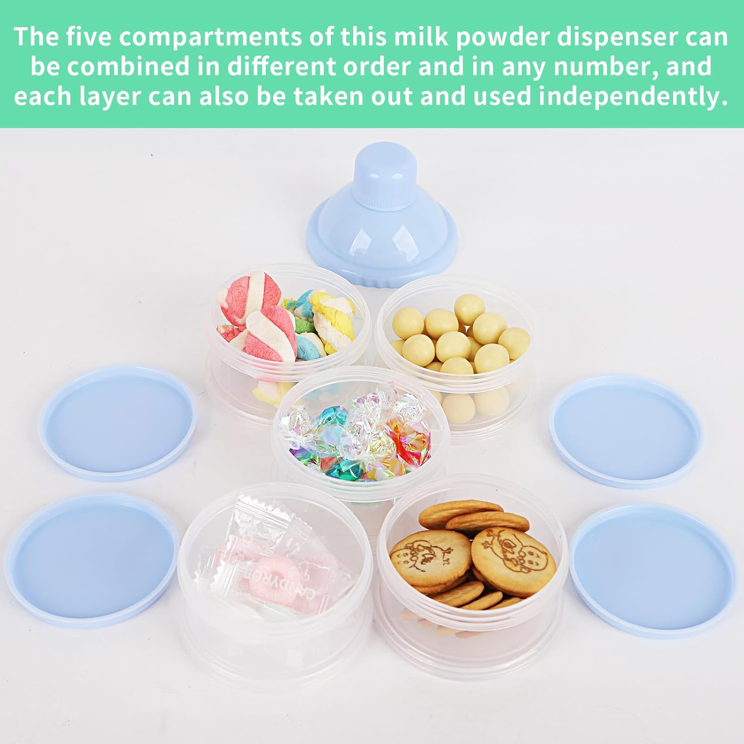2 PCS 5 Layers Baby Milk Powder Dispenser, Milk Powder Pots, Formula Dispenser Portable Milk Powder Formula Dispenser Container Pot Box Milk Cans Snack Storage Box for Travel (Blue + Green) image number 1