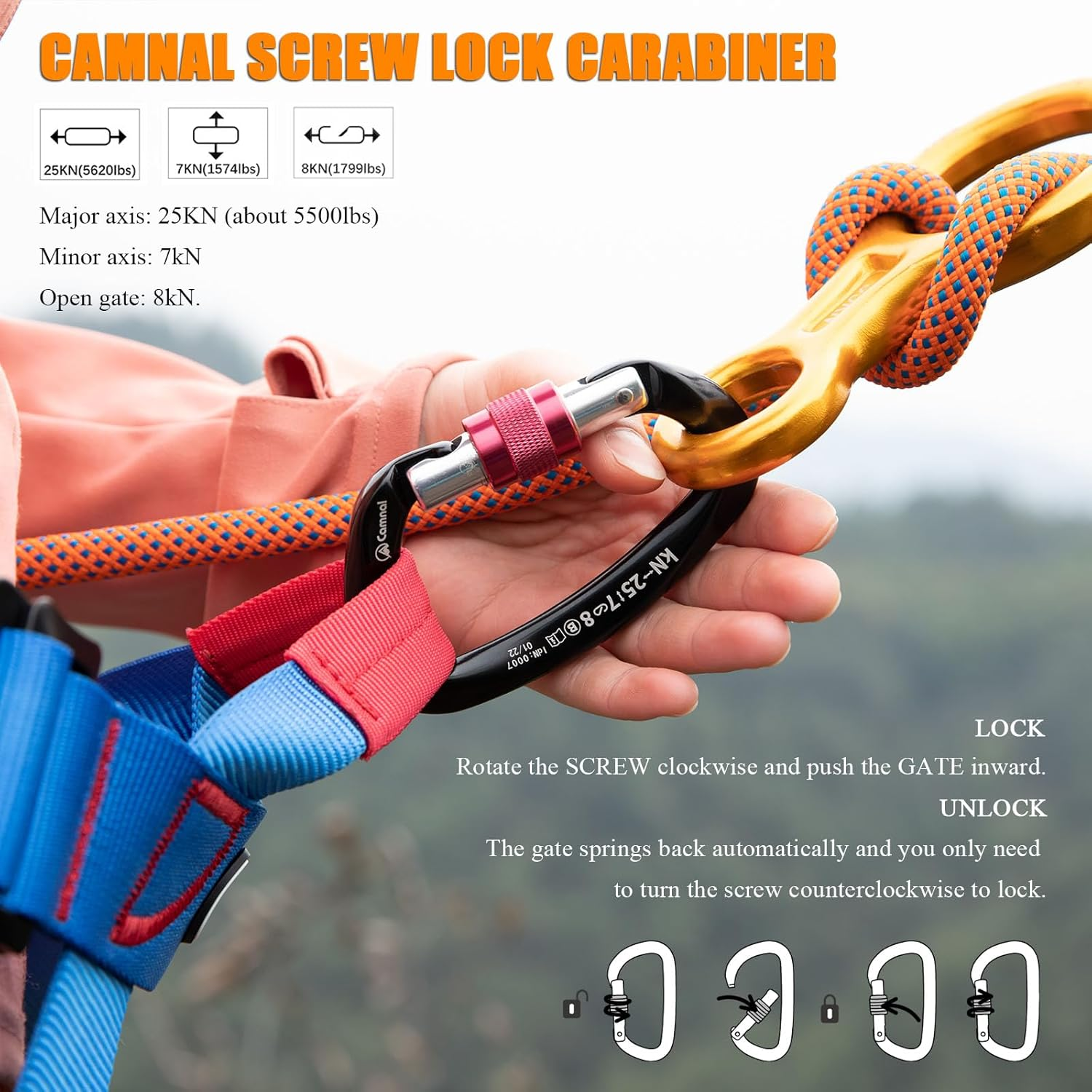 CAMNAL UIAA & CE Certified Heavy Duty Locking Carabiner 25KN (5620 Lbs) Screw Lock D Shape Carabiner Clip for Rock Climbing, Mountaineering, Aerial Work image number 6