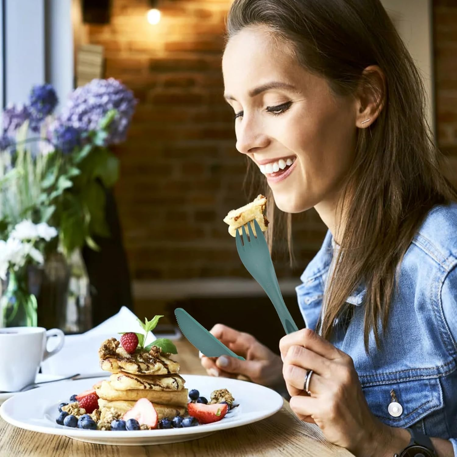 Travel Utensils with Case, Reusable Plastic Cutlery, Travel Cutlery Set, Flatware Set for Travel Work School Picnic Camping or Daily Use (Blue, Green) - 4 Colors image number 6