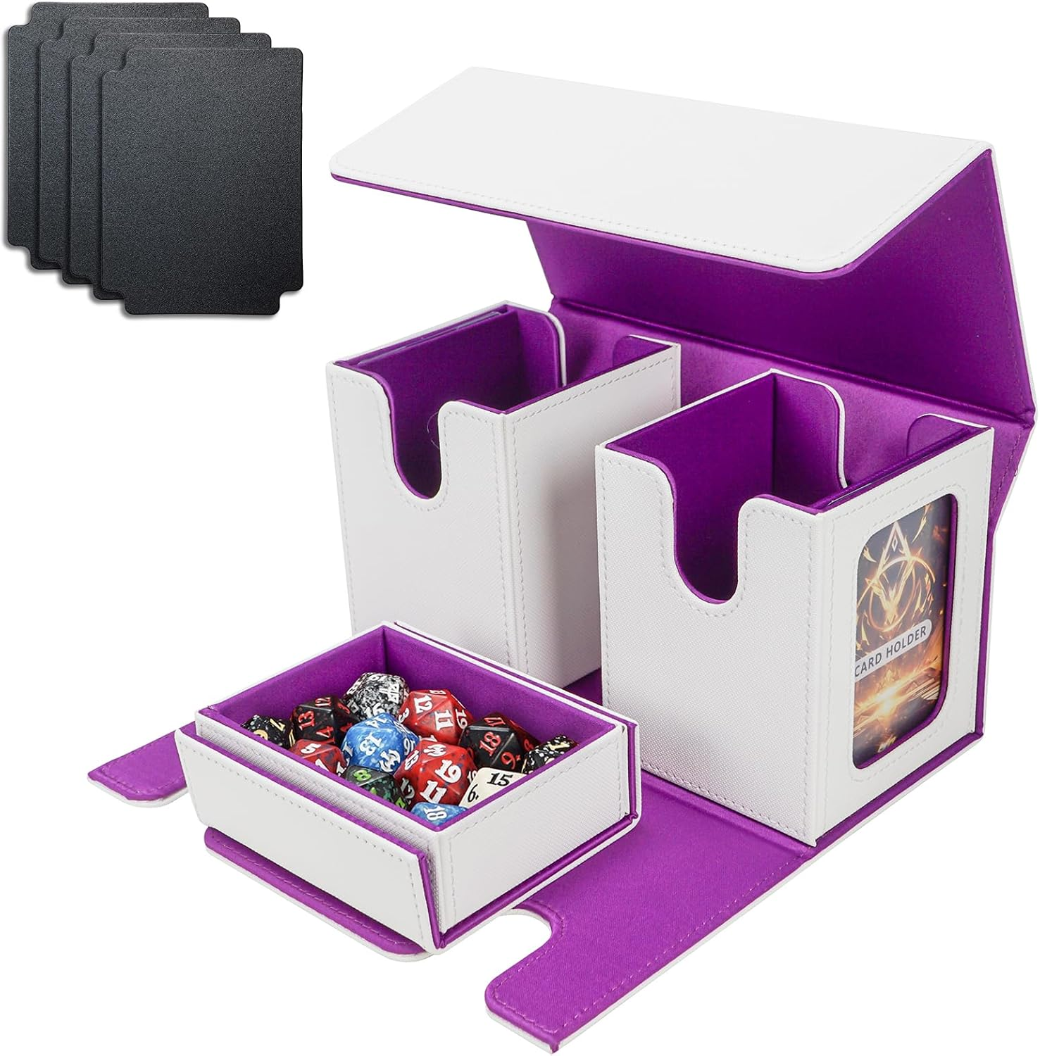 AFIING MTG Commander Card Storage Box - Fits 200 Double Sleeved Cards,3-In-1Card Deck Case,Strong Magnet Card Organizer for Magic Commander TCG Ccg,4Dividers &2 Toploaders, Black/Blue - Black Gold image number 7