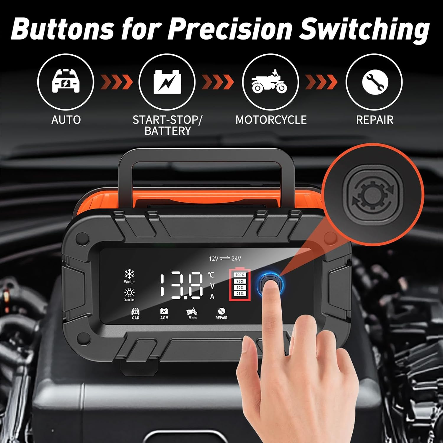 10-Amp Car Battery Charger, 12V/24V Smart Battery Charger Automotive Battery Maintainer with Pulse Repair, Trickle Charger for Car Truck Motorcycle Lawn Mower Boat (Red, Black) image number 4