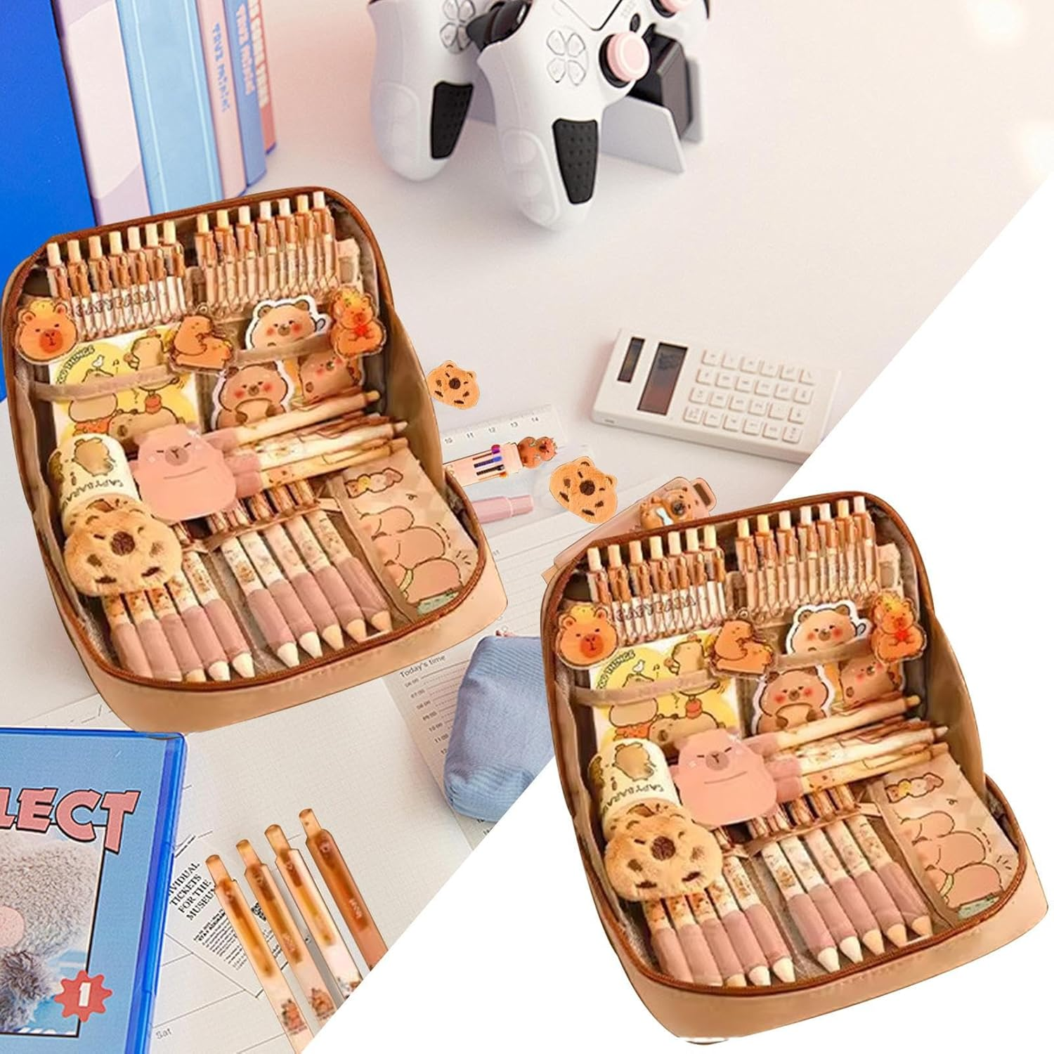 Tuxuseo Capybara Stationery Set, Cartoon Pencil Bag, Cute Pencil Case with Pens, Clips, Rulers and More, Wide Opening Pen Organiser image number 5