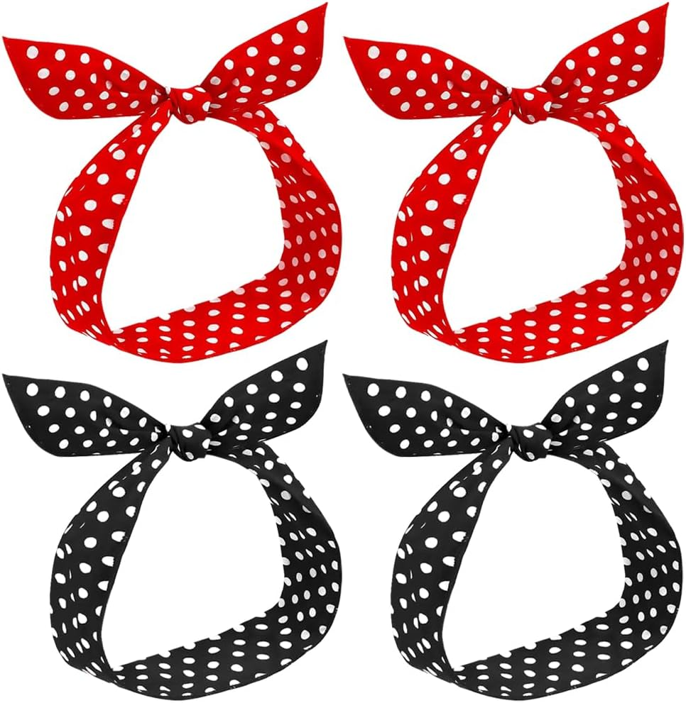 TRKETK Pack of 4 Hair Accessories with Polka Dots, Polka Dot Headbands Headbands with Adjustable Wire, Vintage Hair Band in Classic Red and Black, Hair Accessories for Girls and Women image number 1