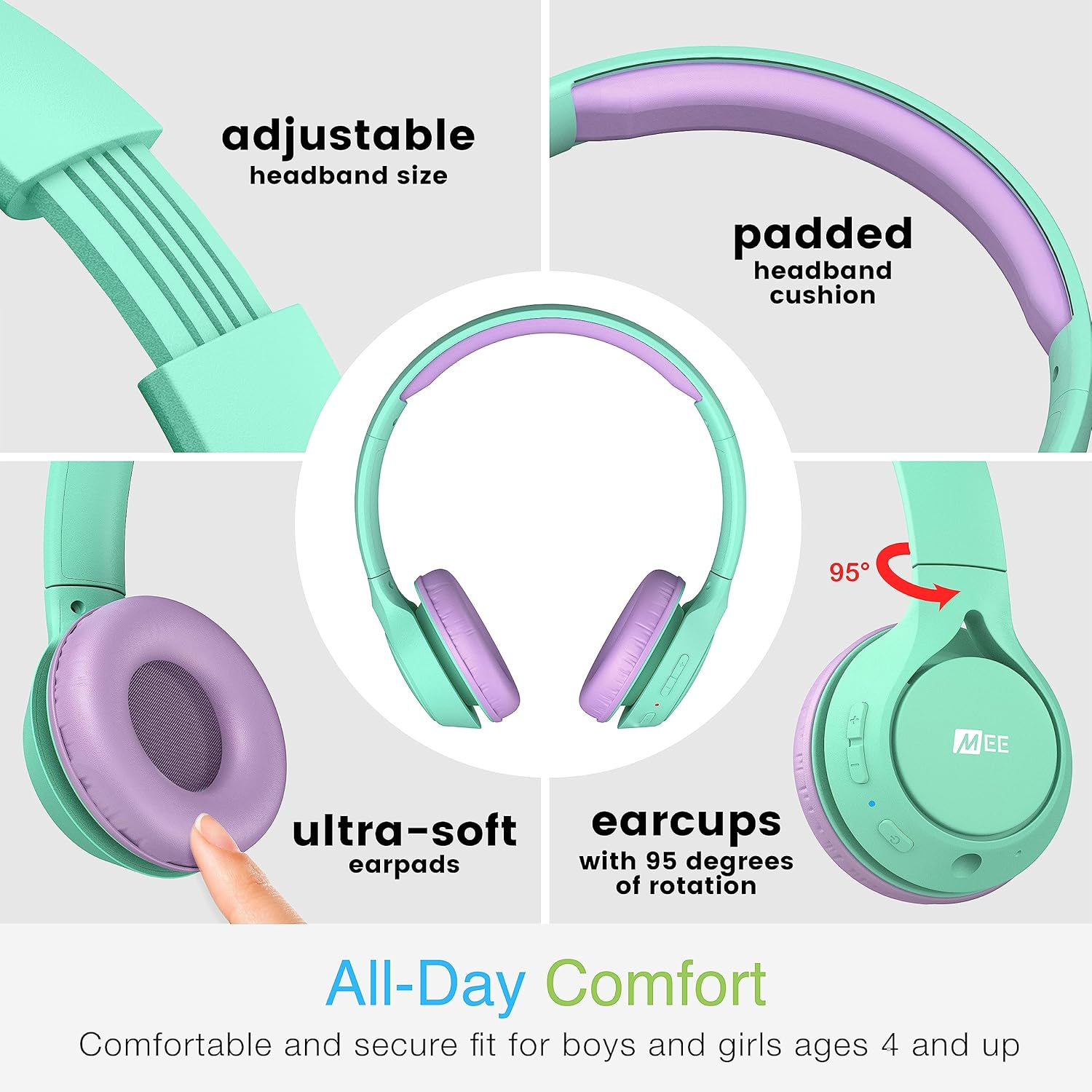 MEE Audio Kidjamz KJ45BT Children'S Safe Listening Bluetooth Wireless Headphones with Volume Limiter & Microphone, Adjustable On-Ear Kids Headset for Online Learning/School/Travel/Tablet Mint/Lavender image number 3