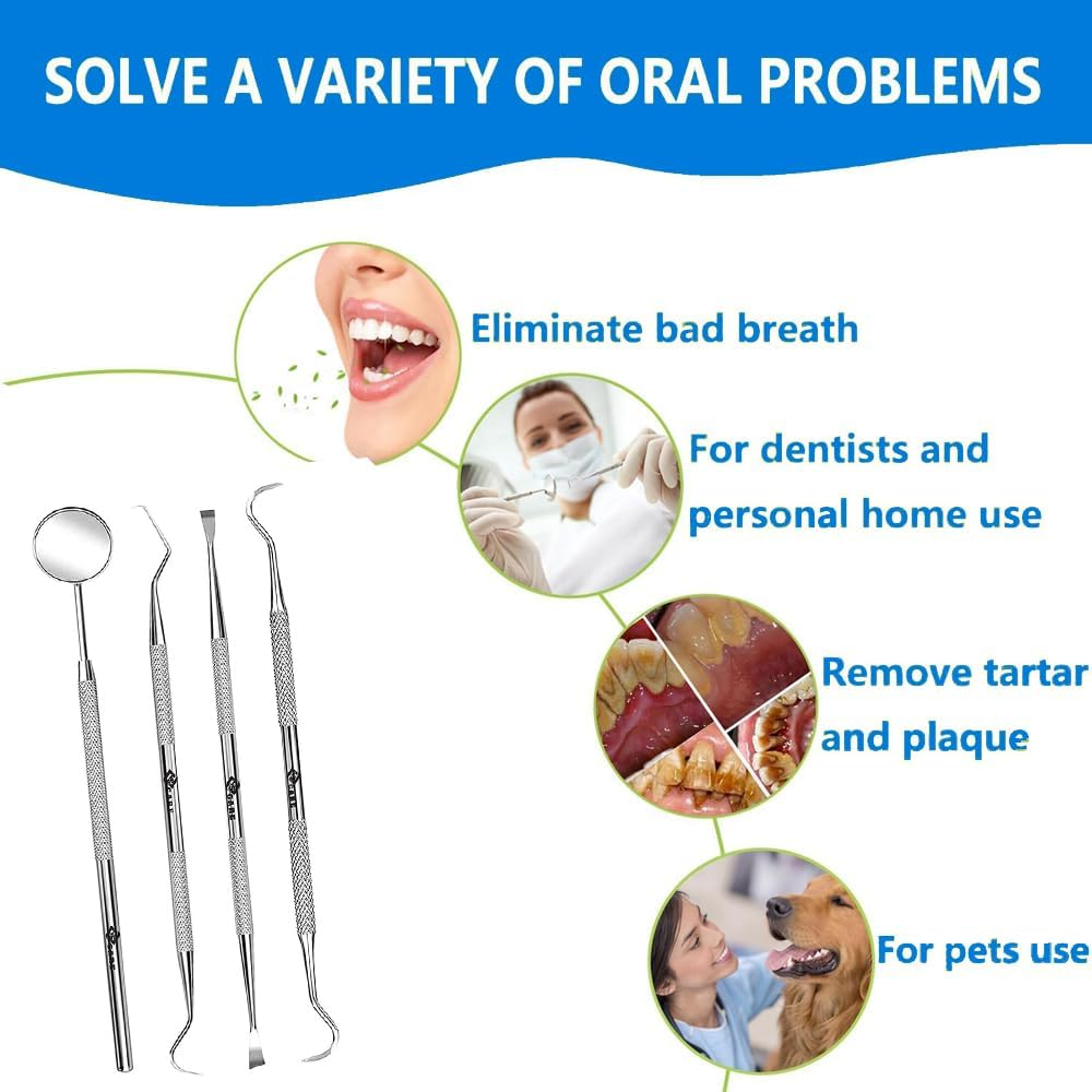 Dental Set Teeth Whitening Hygiene Kit 4Pcs Dentist Tools Set for Home Use Stainless Steel Mouth Mirror Tweezers Dental Picks Oral Care Set to Remover Tartar, Tooth Scraper image number 4