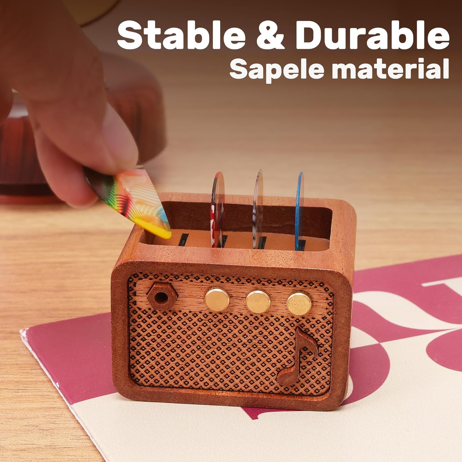 Guitar Accessories, Sapele Wood Electric Guitar Amp Shaped Guitar Pick Holder, Guitar Players Guitarists for Picks Storage and Display image number 5