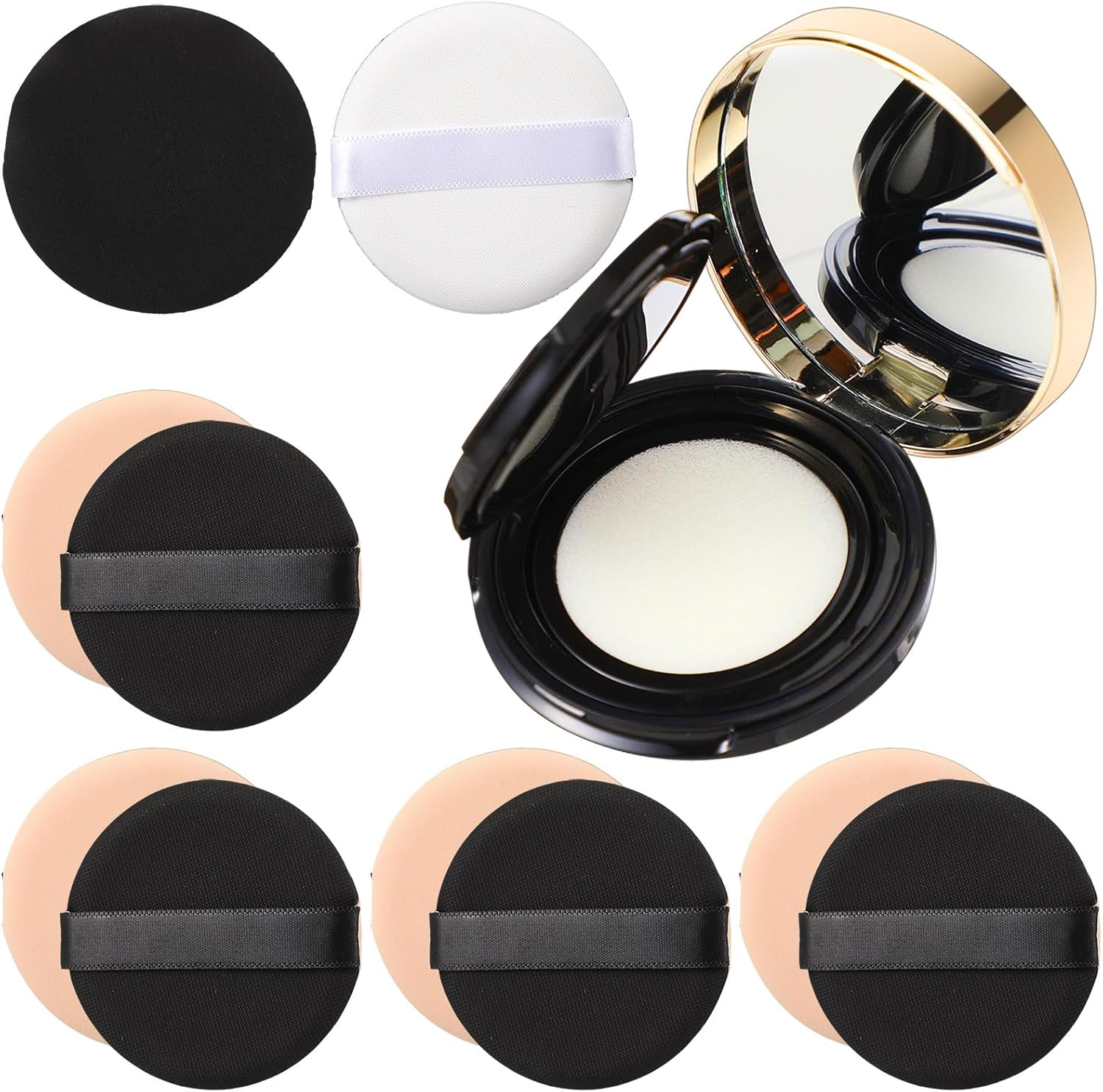 Patelai 7 Pcs 0.5Oz Black Empty Luxurious Air Cushion Puff Box with Sponge Puff and Mirror, Portable Make-Up Powder Container Case with Extra Sponges and Puffs, Refillable Foundation Bb Cream Box