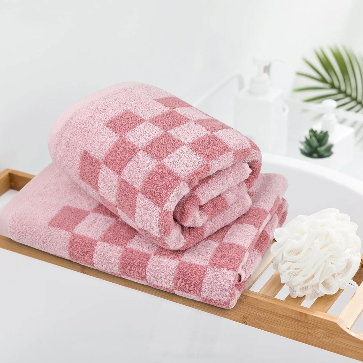 Jacquotha Soft Bath Towels for Bathroom Beach Pool (Pink Checkered), Quick Dry Cotton Shower Towels Set of 2, Cute Funny for Her Women Girls, 27.5X55 Inches image number 4