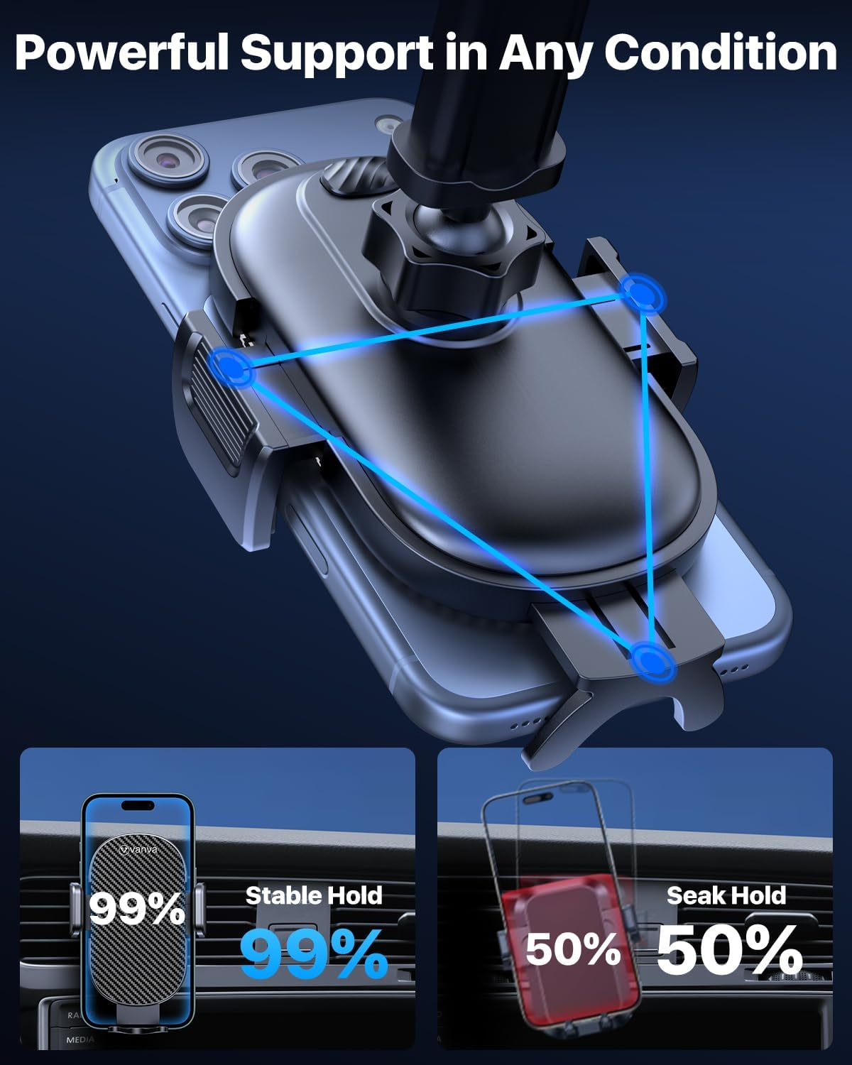 Vanva [ Military-Grade Protection ] Car Phone Mount, Phone Holder for Dashboard/Windshield/Air Vent, Easy Clamp Mount Compatible with Iphone 17 16 15 14 13 Pro Max (B1) - B1 image number 6