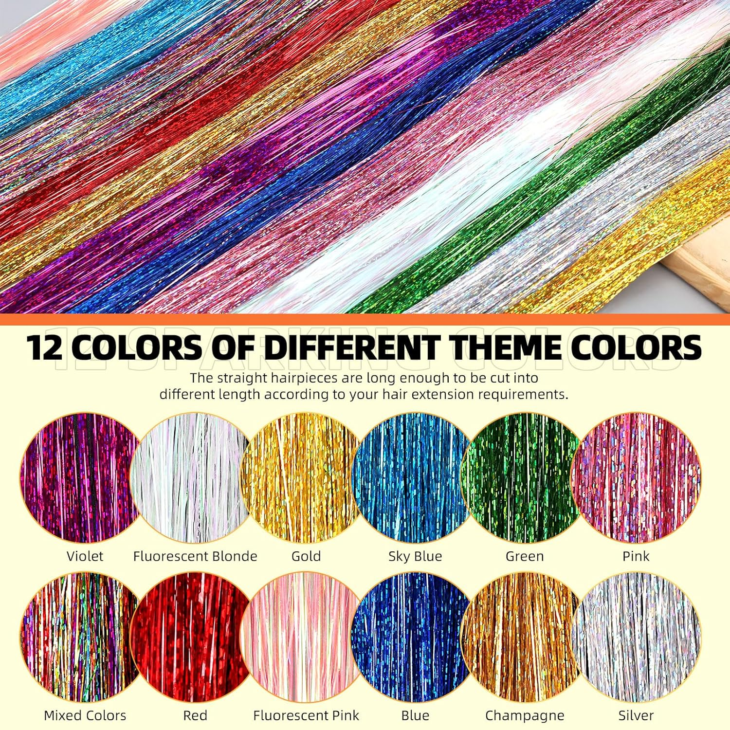 Tanstic 214Pcs Hair Tinsel Kit, 12 Colors 2400 Strands Tinsel Hair Extensions Glitter Hair Extension Sparkling Hair Tinsel Heat Resistant with Tools for Christmas, New Year, Party(47 Inches) image number 6