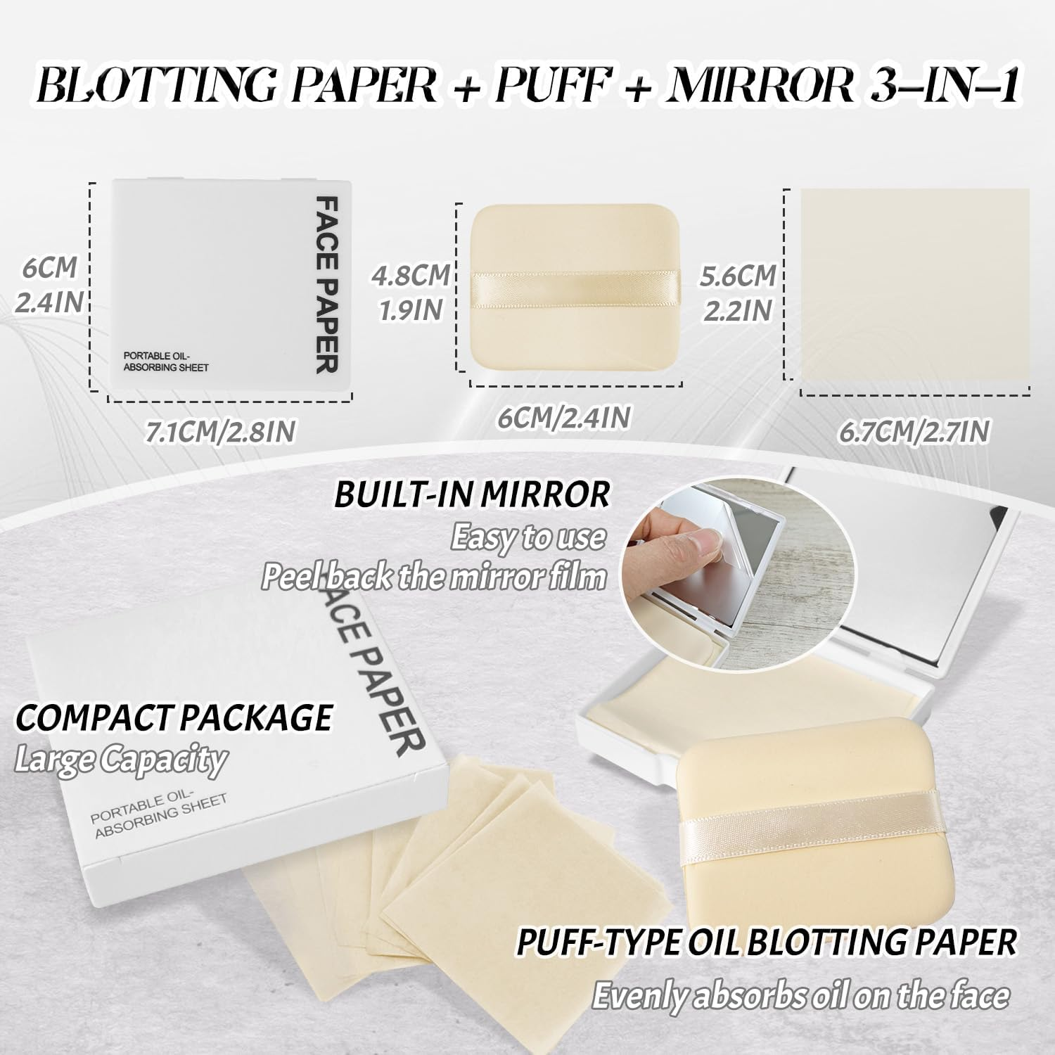BOROLA 3-In-1 Oil Blotting Paper Set for Face 100 Sheets Oil Absorbing Sheets with Portable Mirror & Adhesive Makeup Puff, Blotting Papers for Oily Skin, Design for Men & Women(White) image number 4