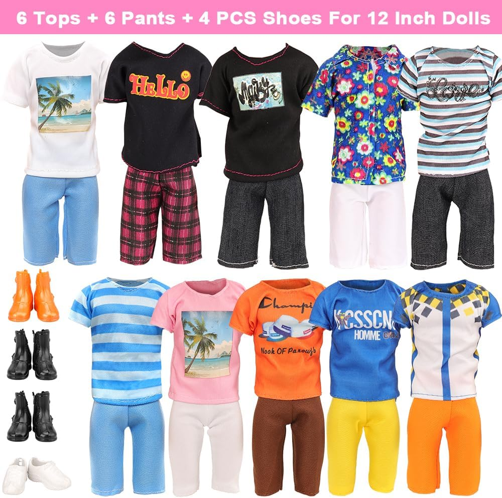 Barwa 24 Accessories Selected Randomly for 11.5 - 12 Inch Girl Dolls and 12 Inch Boy Dolls: 6 Clothes + 4 PCS Shoes for Boy + 3 Tops + 3 Pants + 3 Dresses + 5 PCS Shoes for Girl image number 2