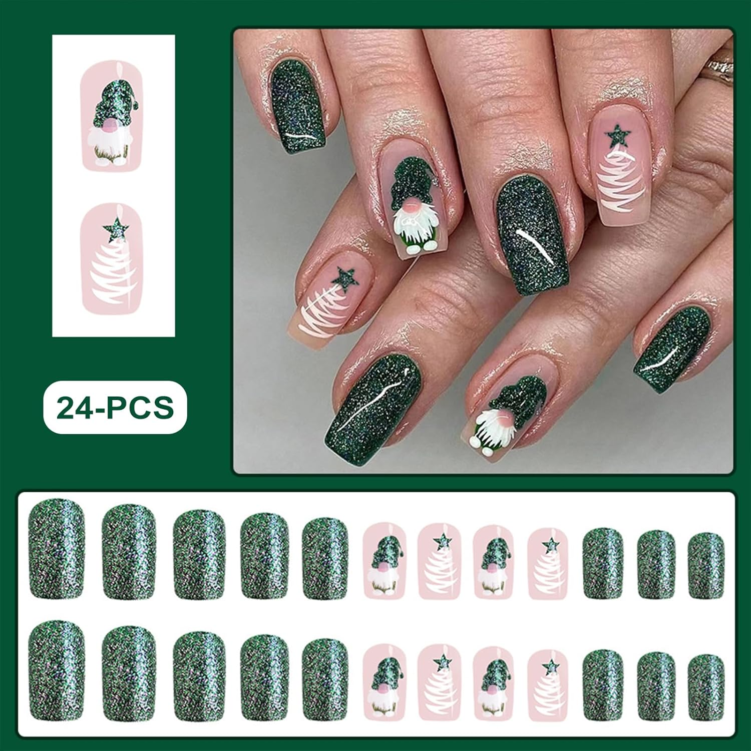 24PCS Christmas Press on Nails,Cute Xmas Short Fake Nails with Shinny Glitter,Green Fingernails with Christmas Elements Design,Unique Square Glossy Full Cover False Nails for Women or Girls image number 4