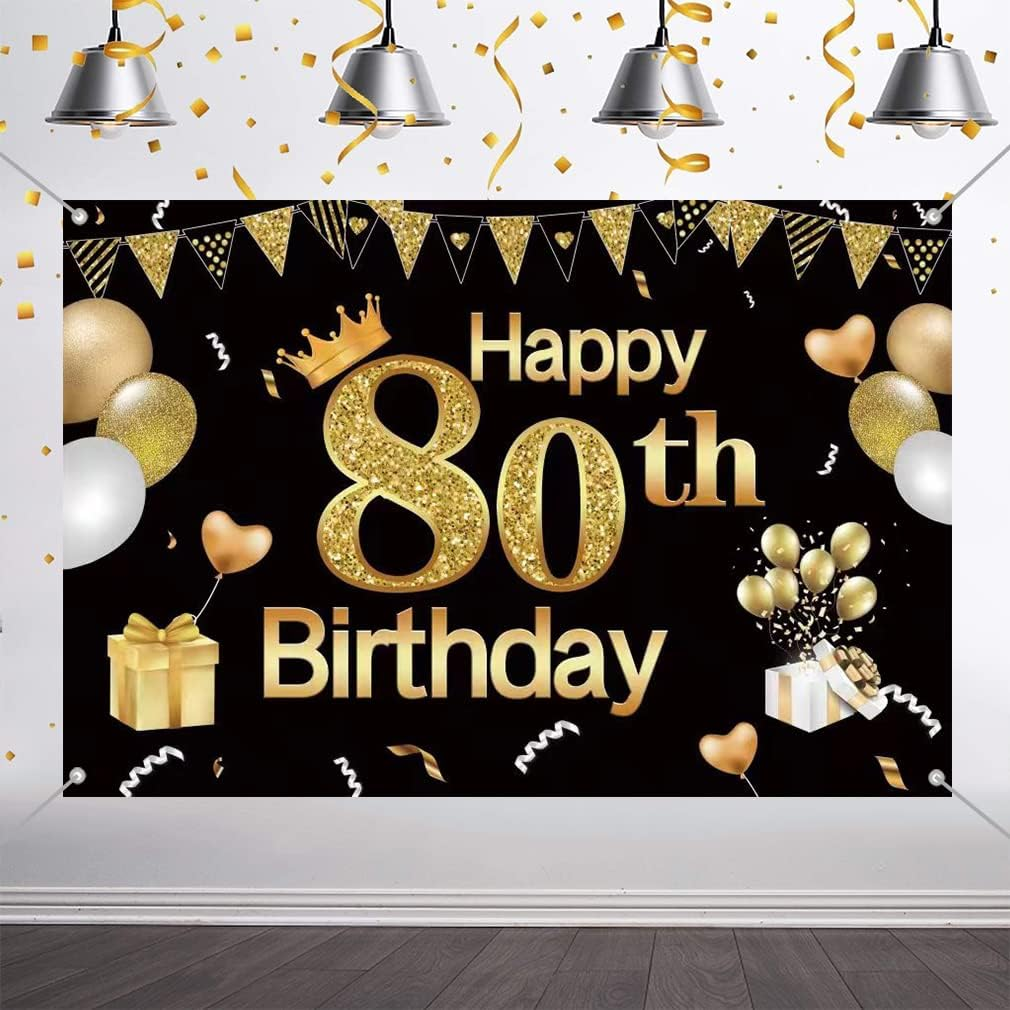 Tecreo 80Th Birthday Decorations Happy 80Th Birthday Backdrop Black Vinyl 150Cm X 90Cm image number 4