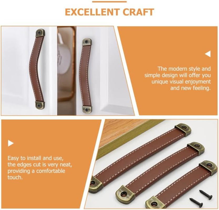 6Pcs Leather Pull Handles for Cabinet Doors and Drawers, Safety Protection Upgrade, Easy Installation, Brown Synthetic Leather, 7.48 * 0.94 * 0.31 Inches, Ideal for Home Decor image number 3