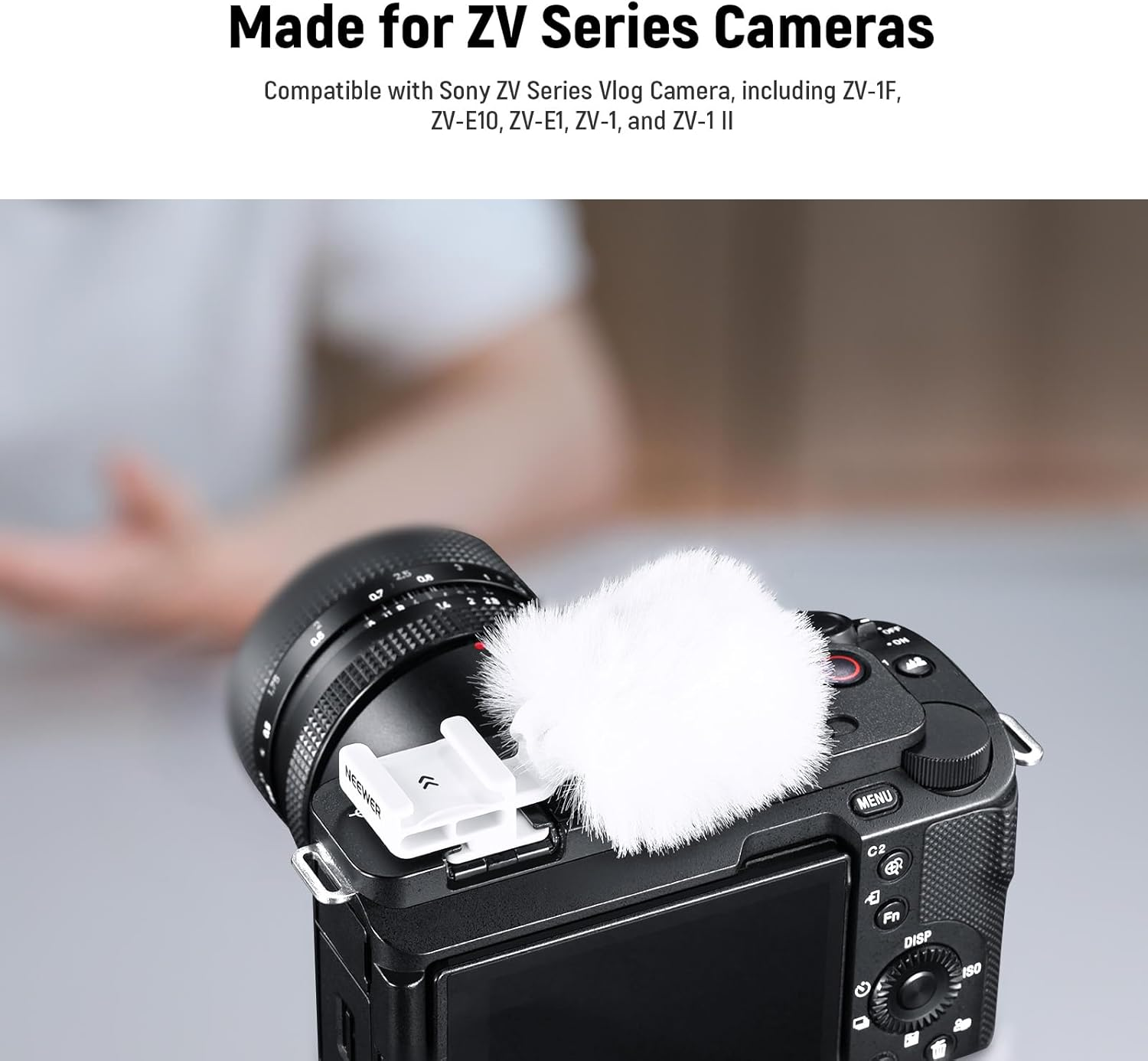 NEEWER Cold Shoe Wind Muff for ZV Series Vlog Cameras， Microphone Furry Windscreen with Cold Shoe Mount Adapter Accessory Compatible with Sony ZV-1F ZV-E10 ZV-1 ZV-E1 ZV-1 II， CA133 White image number 6