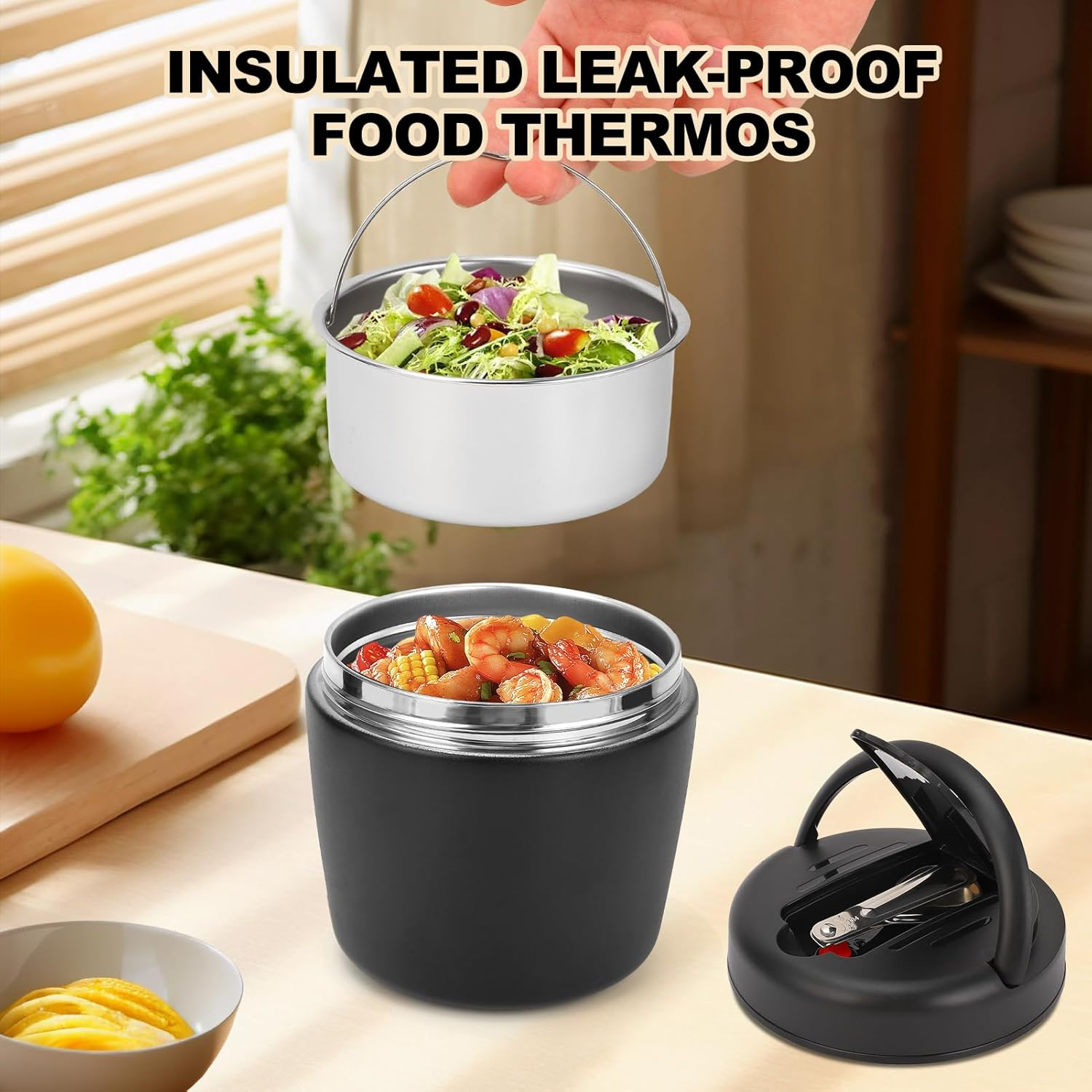 Insulated Food Jar 304 Stainless Steel 1.2L Portable Thermal Lunch Box Insulated Food Container with Spoon for School Travel Black image number 6