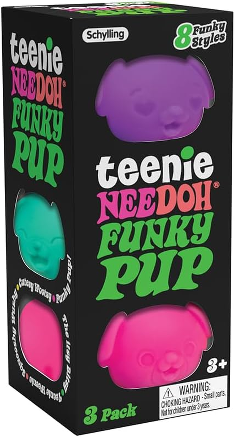Needoh Teenie Funky Pups - Mini Squishy Dog Fidget Toy, Dough-Filled Stress Relief, Squeeze & Smush, 8 Funky Faces, 3-Pack, Assorted Colours, Compact & Fun for All Ages 3+