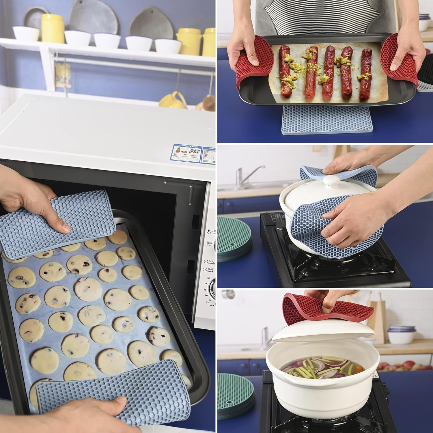 Black Silicone Trivets for Pots and Pans, Silicone Hot Pads Mats, Heat Resistant Trivet Mat Pot Holder, Counter Top Protector and Teapot Coaster Set of 4 (2 Round+2 Square Mats)