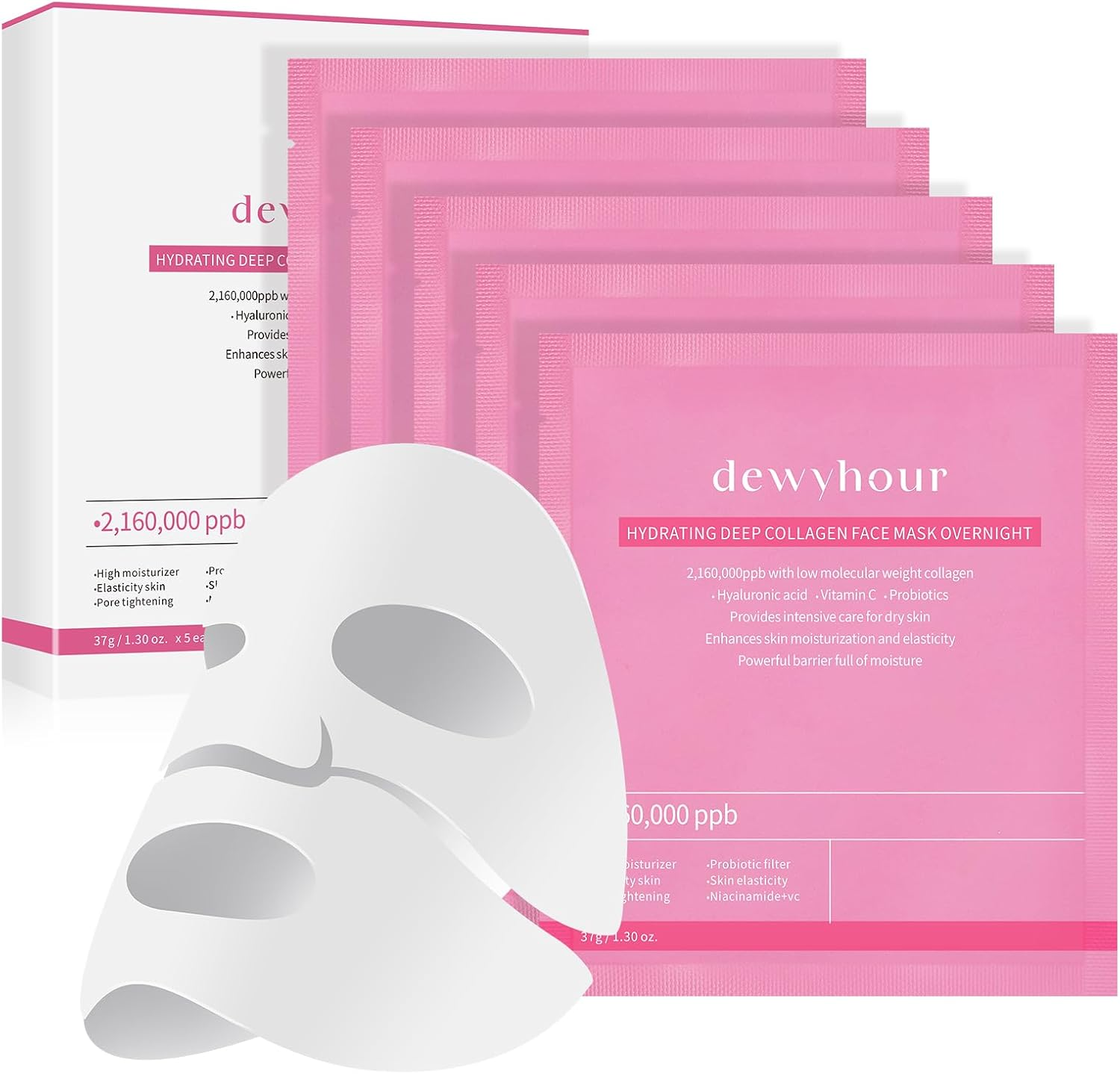Dewyhour Collagen Face Mask: 5 Pack Hydrating Deep Collagen Mask Overnight Sheet Mask with Hyaluronic Acid,Pore Minimizing,Elasticity Skin image number 6