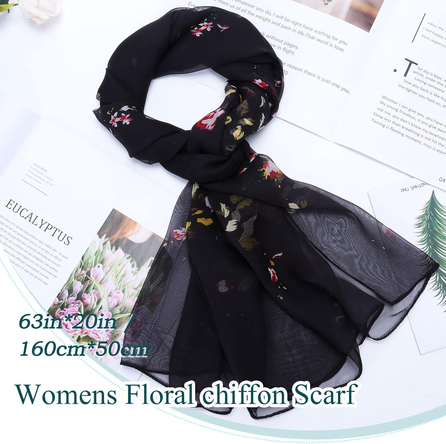 Floral Print Chiffon Scarf - Womens Fashion Scarfs Lightweight Head Scarf Sunscreen Scarves Shawls Wrap for Women - Black+White image number 6