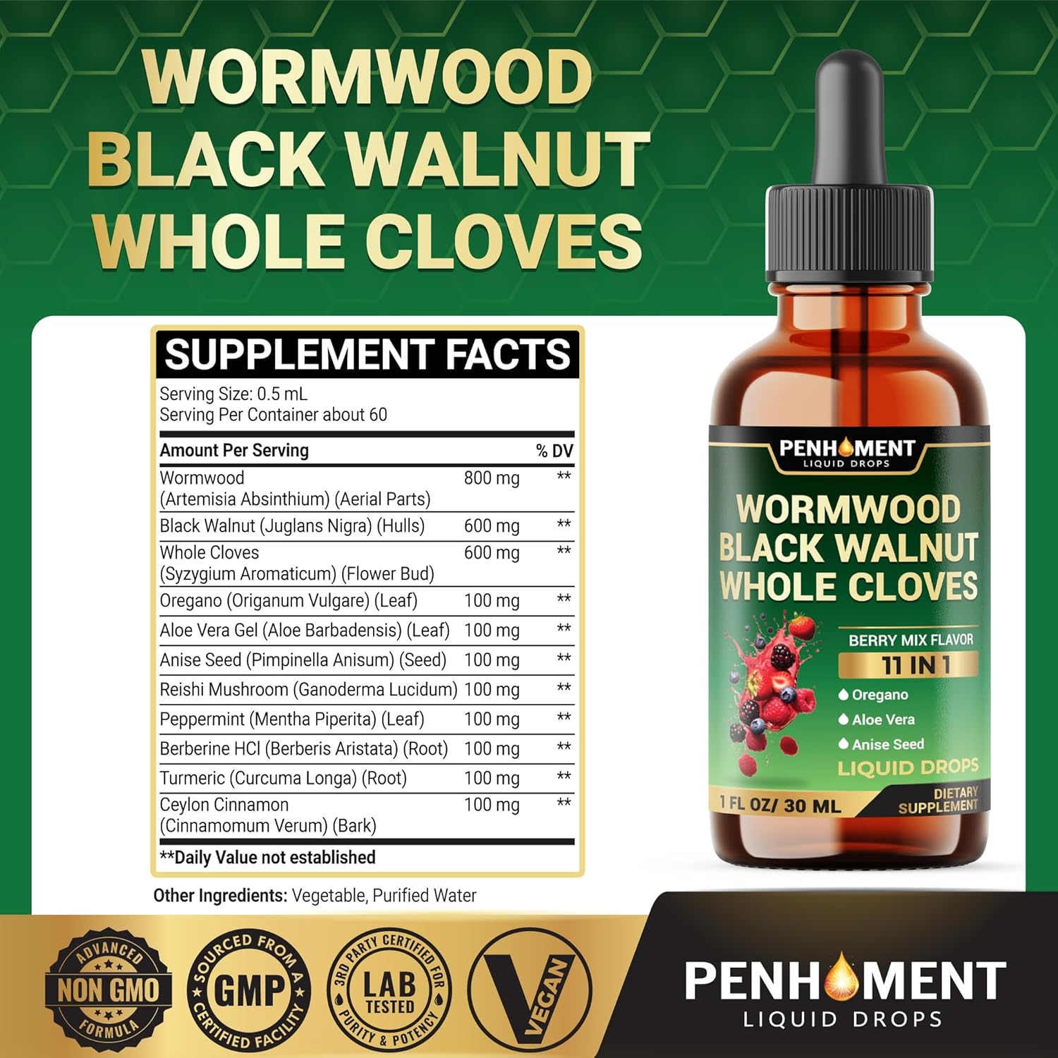10In1 Wormwood Tincture - Black Walnut, Whole Cloves, Reishi Mushroom & 4 More - Wormwood Liquid Drops - 1 FL OZ for 2 Months Supply - Berry Mix Flavor image number 1