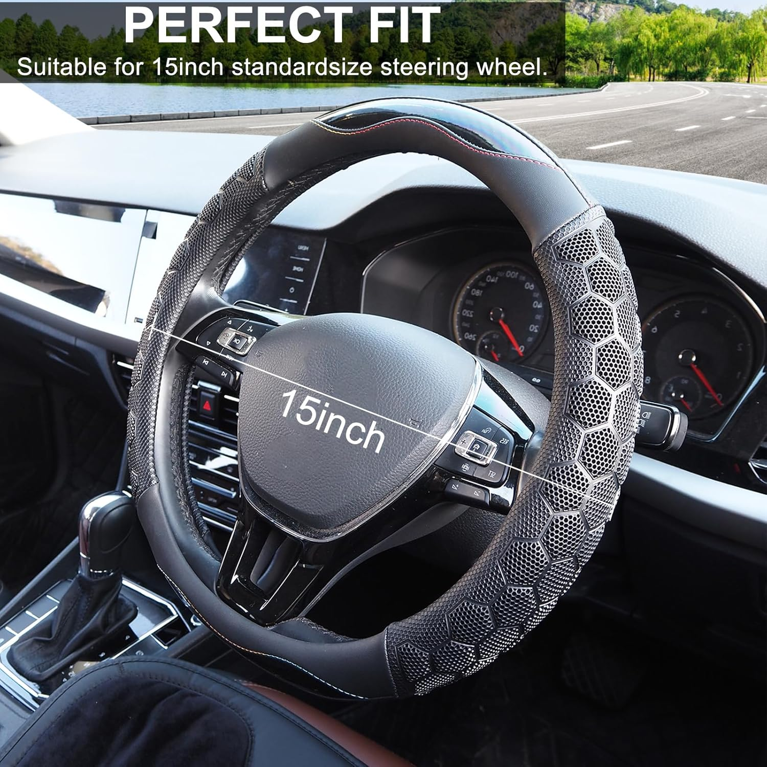 Car Steering Wheel Cover, Universal 15 Inch Fit, Anti-Slip Napa/Microfiber Leather Suede Stearing Wheel Protector Covers, Soft Breathable, with Car Seat Belt Pads for Women Man (Leather Carbon Fiber)