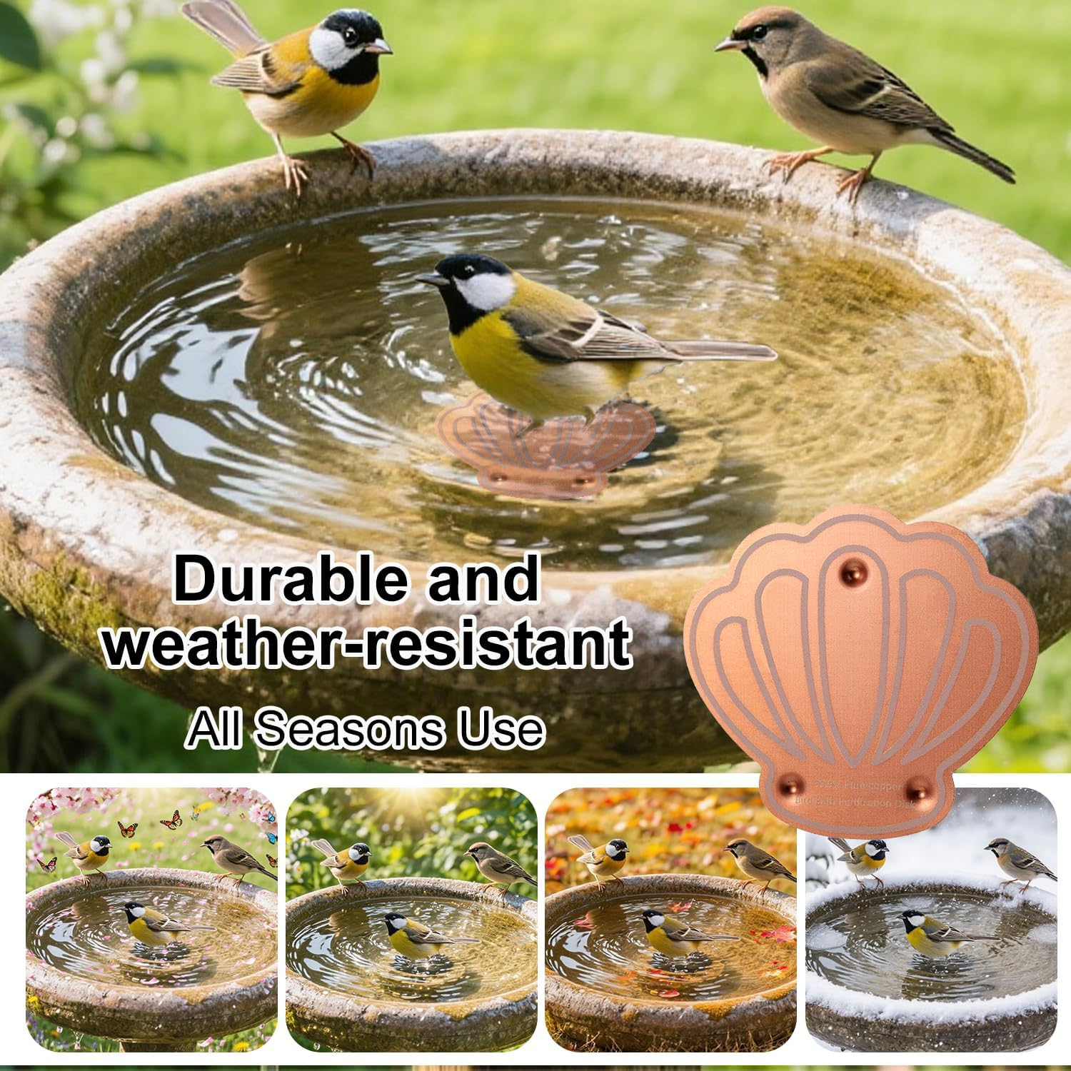 Bird Bath Copper Disk, Shell Shape Reinforced Copper Purification Disk with Triple-Point Practical Bird Bath & Bowls Cleaner for Outdoor All-Season Use image number 3