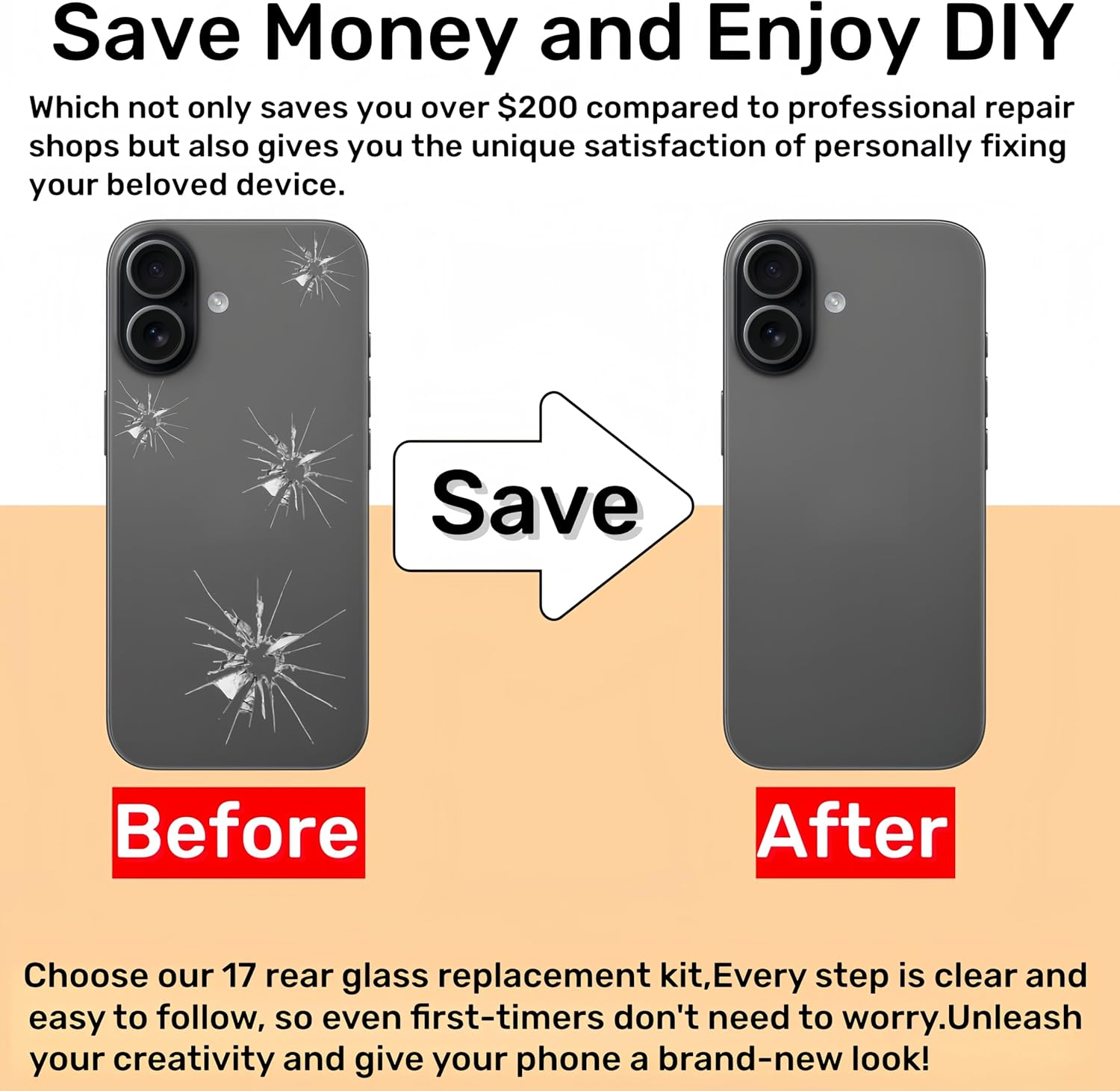 17 Back Glass Replacement for Iphone 17 Rear Back Cover Glass with Frame Magesafe Waterproof Professional Repair Tool Kit (Lavender) - Black image number 5