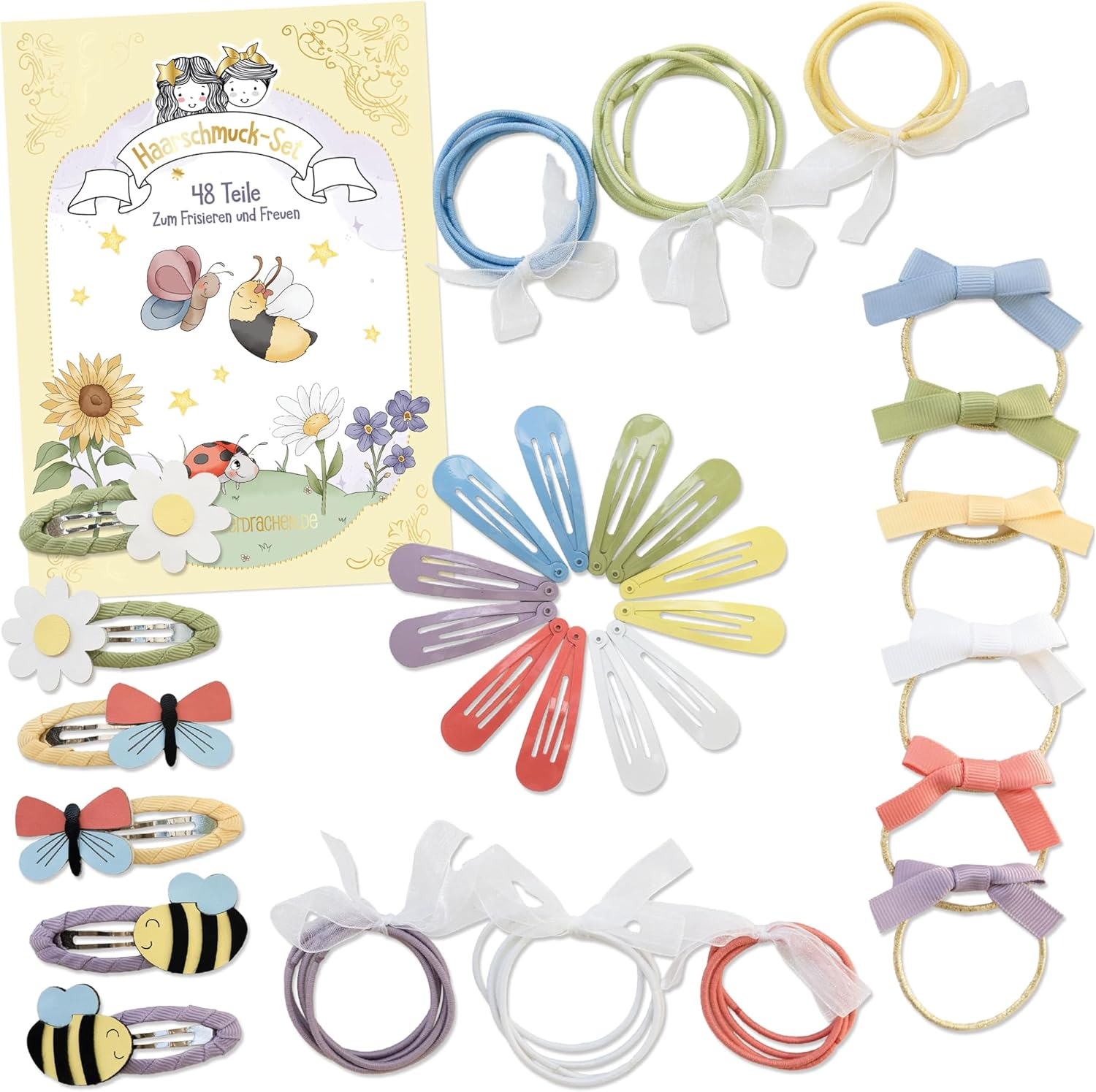 Papierdrachen Spring Hair Accessories Set - 48 Pieces - Durable and Robust - Hair Clips - Hair Bobbles - Accessories - with Appliques - for Long and Fine Hair image number 4
