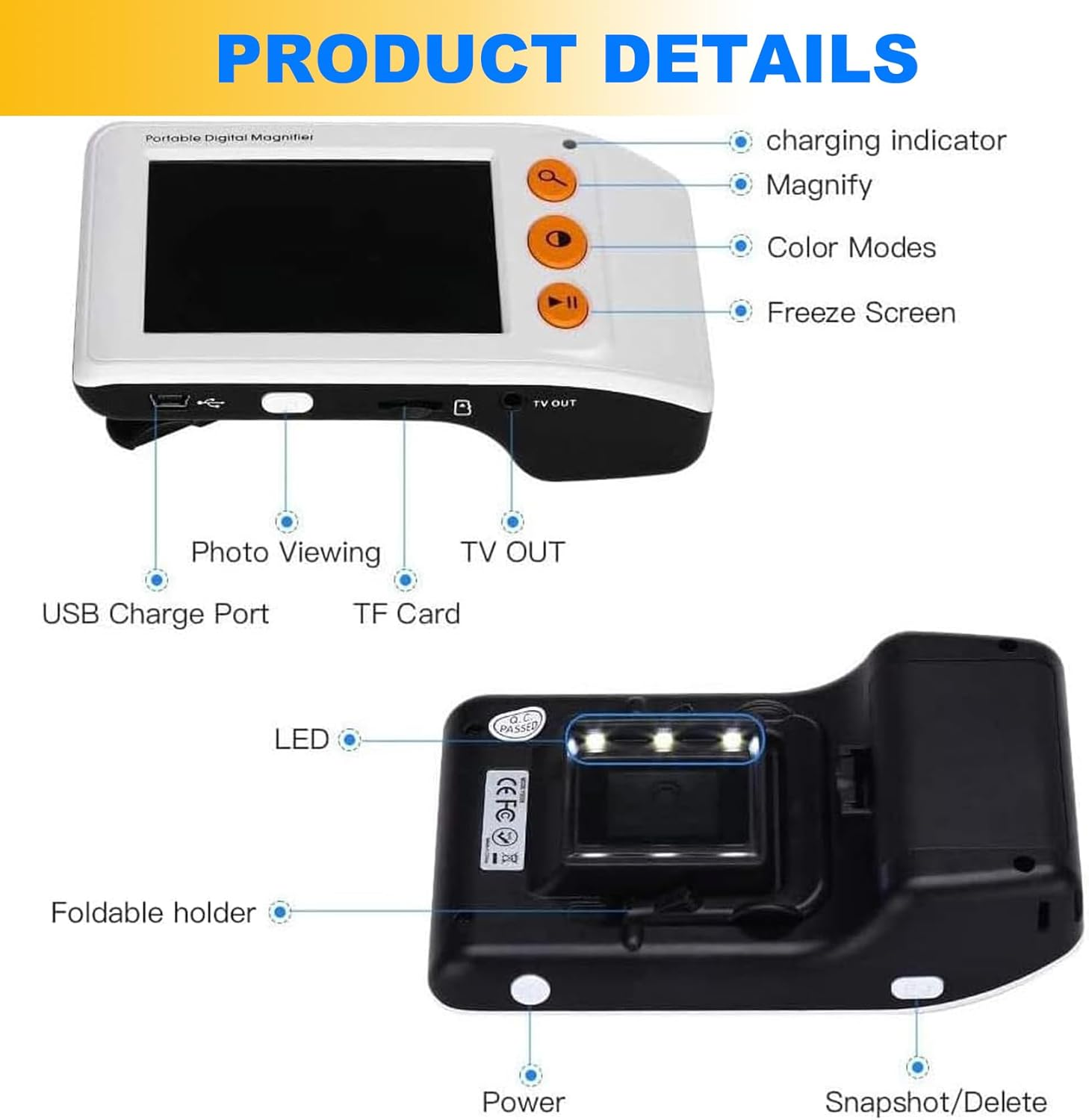 AUTENS 3.5" Portable Digital Video Magnifier, Handheld with 2X-25X Zoom, 8 Color Modes & TV Output, Electronic Reading Aid for Low Vision, Foldable Stand, Carrying Bag Included image number 2