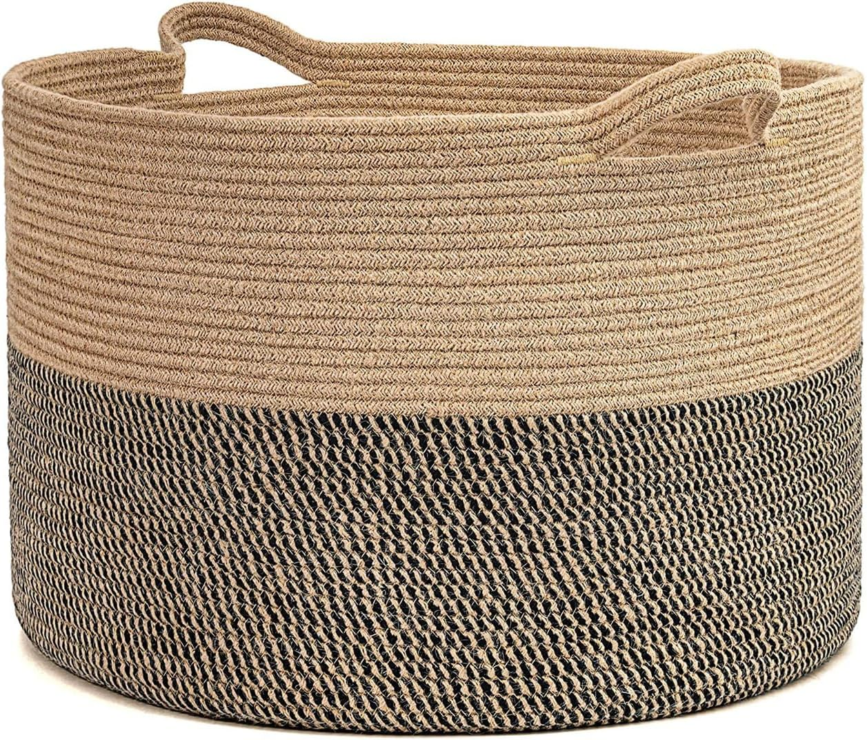 Large round Blanket Basket with Handles 55X35Cm round Jute Black Blanket Basket with Handles for Toys,Pillows, Laundry for Nursery,Living Room,Laundry Room Extra Cotton Rope Storage Basket Cotton Rope Storage Basket image number 2