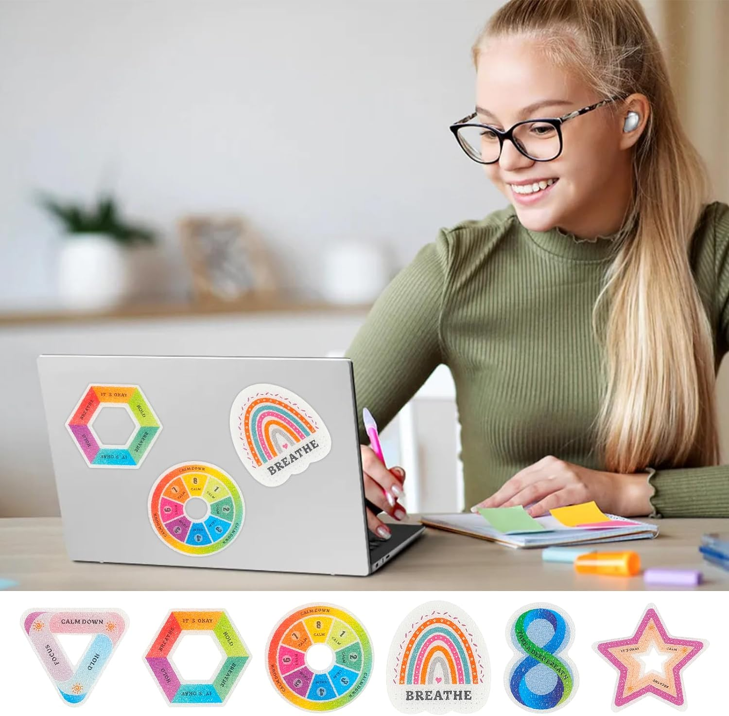 48 Pcs Calm Stickers for Anxiety Sensory Stickers, 6 Styles Textured Stickers Cute Reusable Sensory Stickers with Strong Adhesive Backing Funny Calming Stickers for Adults Kids School Classroom image number 2
