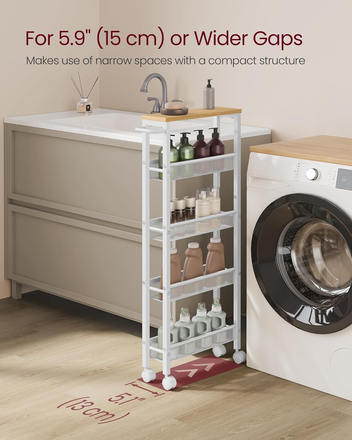 VASAGLE Slim Rolling Cart, 5-Tier Storage Cart, Narrow Cart with Handle, 5.1 Inches Deep, Metal Frame, for Kitchen, Dining Room, Living Room, Home Office, Oak Beige and White ULRC034W09 image number 3