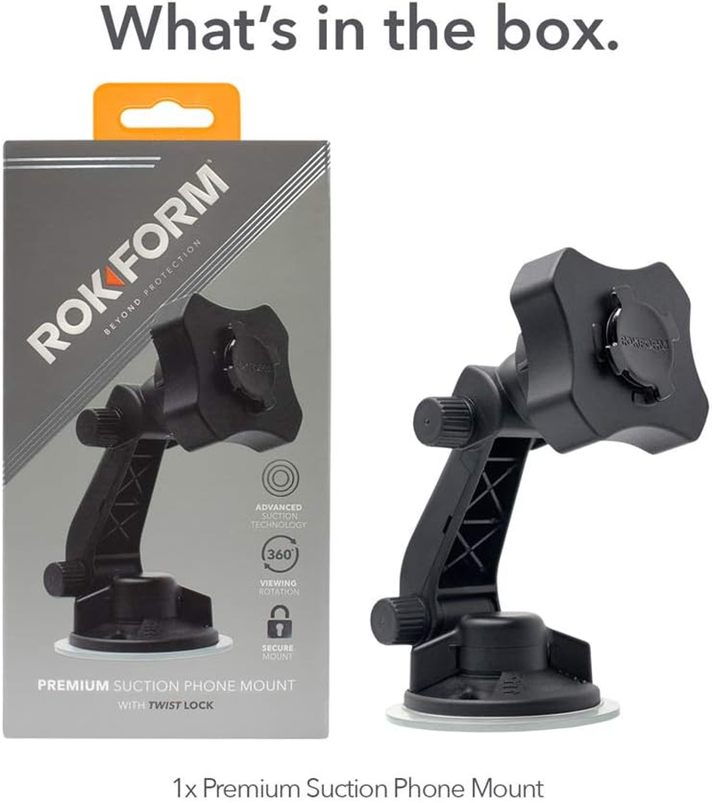 ROKFORM Adjustable Windshield Suction Cup Phone Mount/Holder Works with All Rokform Roklock Twist Lock Cases, Black
