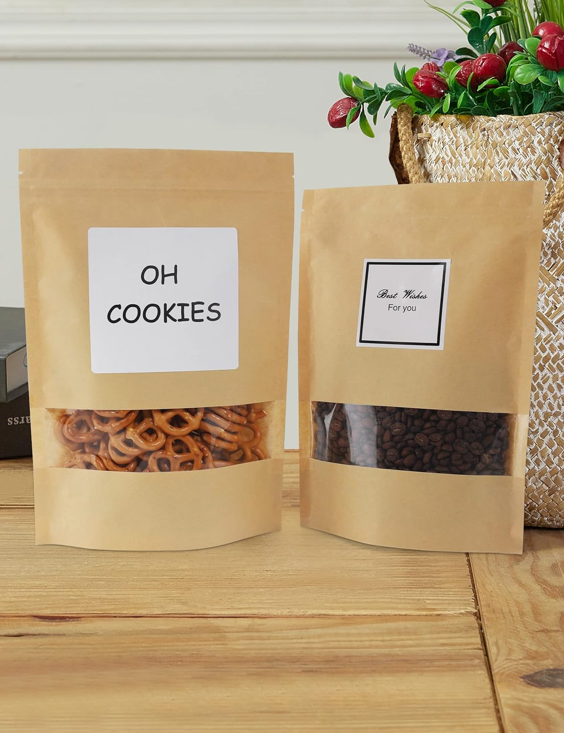 100 Pcs Brown Paper Bags with Window, 3.5" X 5.5" Stand up Pouches, Zipper Food Storage Bags for Packaging Products, Reusable, Sealable image number 2