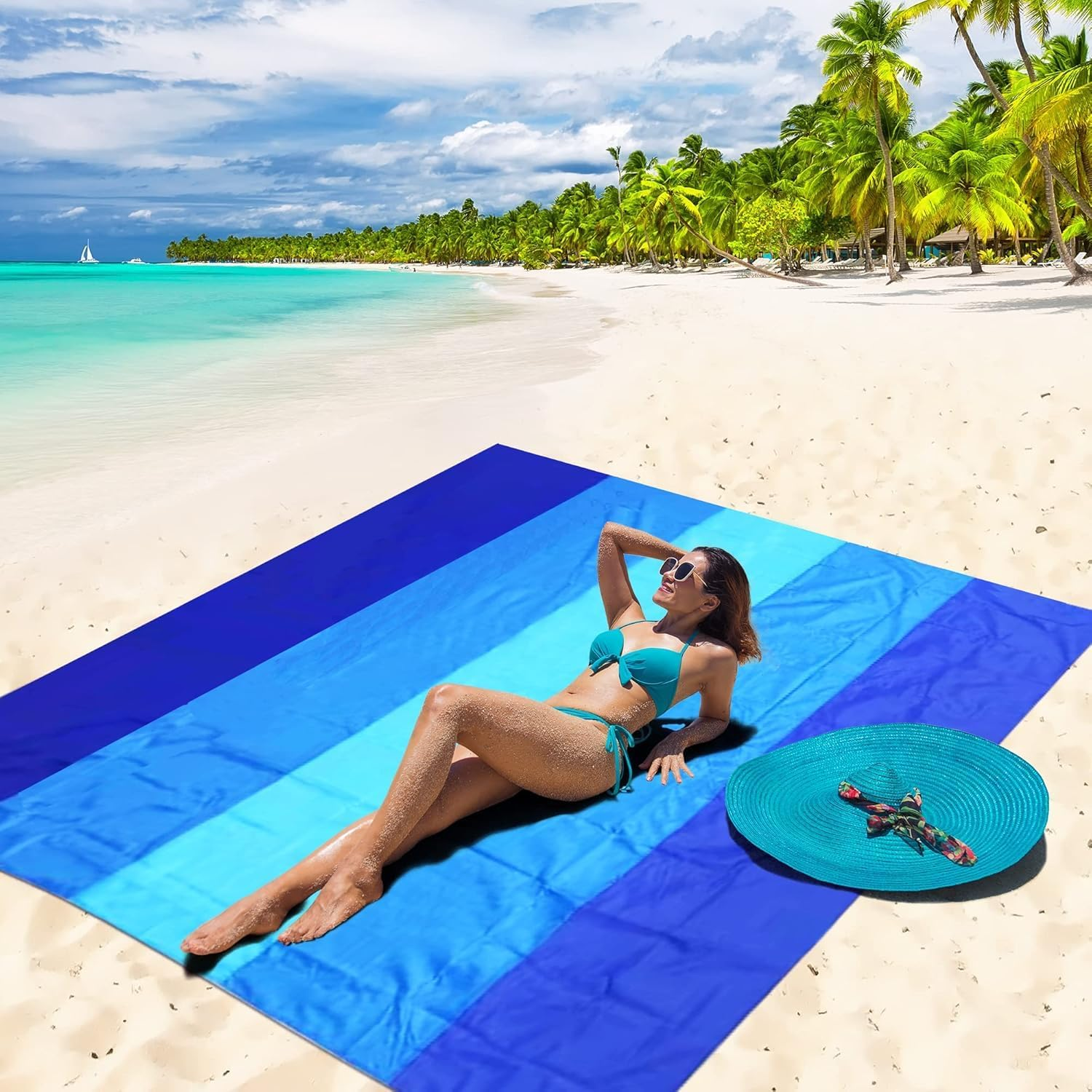 Ronluuu Beach Blanket Waterproof Sandproof Beach Mat 200 * 210Cm,For 2-8 Adults Quick Drying Outdoor Picnic Mat Beach Accessories for Travel, Camping, Hiking