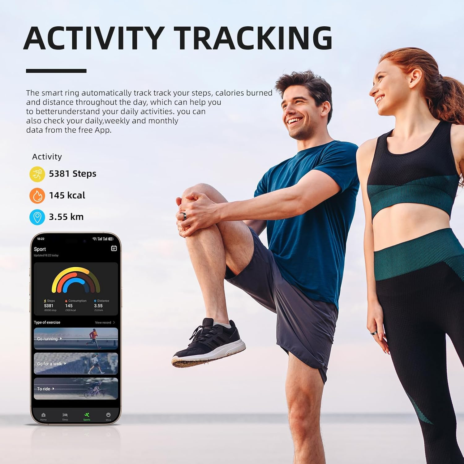 Smart Ring Health Management, Magnetic Charging Case, Compatible with Android/Iphone, 3 Sports Modes, 7 Data Measurement Functions, ATM10 Waterproof 2.0 (Gold 2.0, 9) image number 2