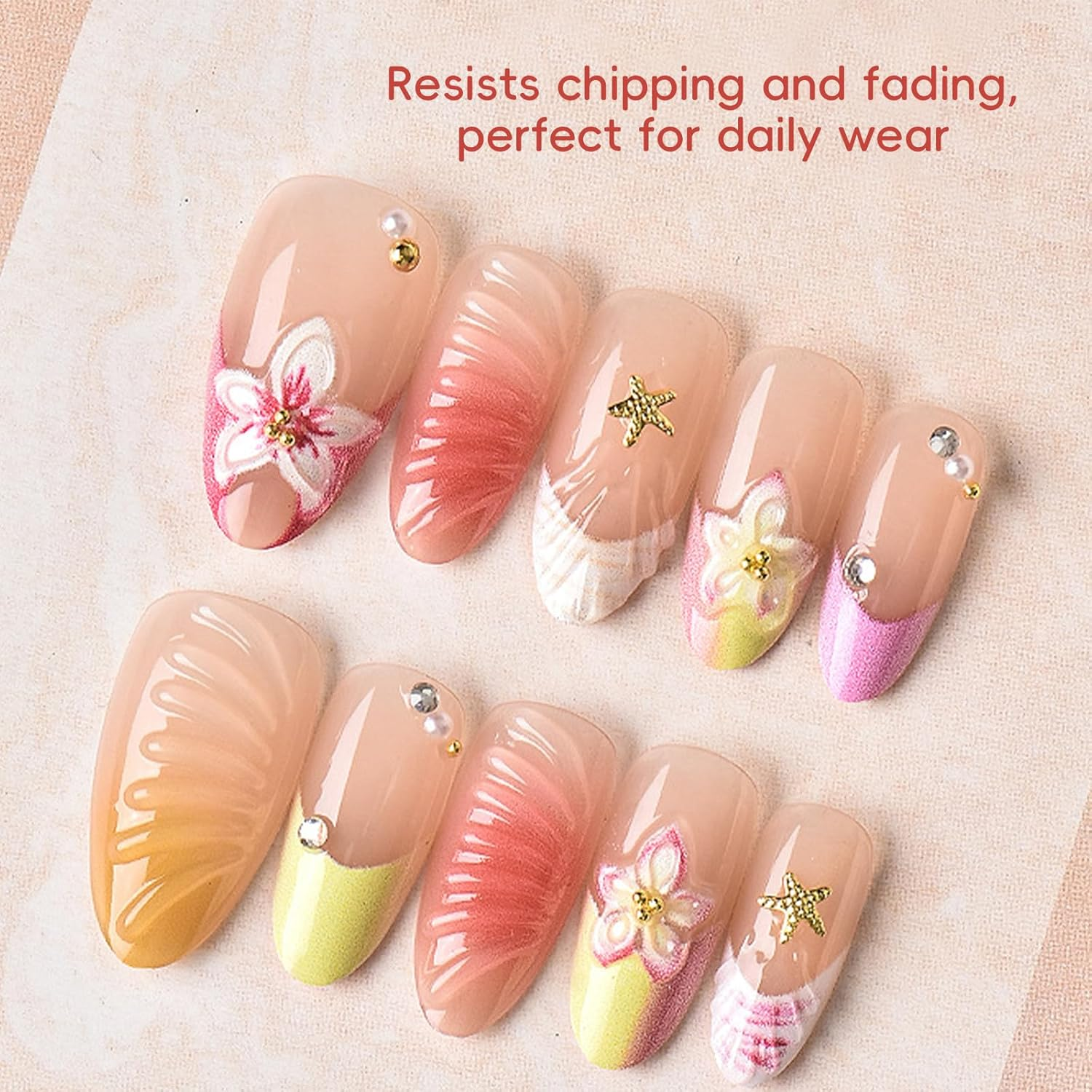 Xlihdzum French Tip Press on Nails Medium Almond - 3D Hawaii Hibiscus Flower Acrylic Fake Nails with Gold Shell Starfish Design | Glossy Glue on Nails for Women - Elegant and Durable Fake Nails