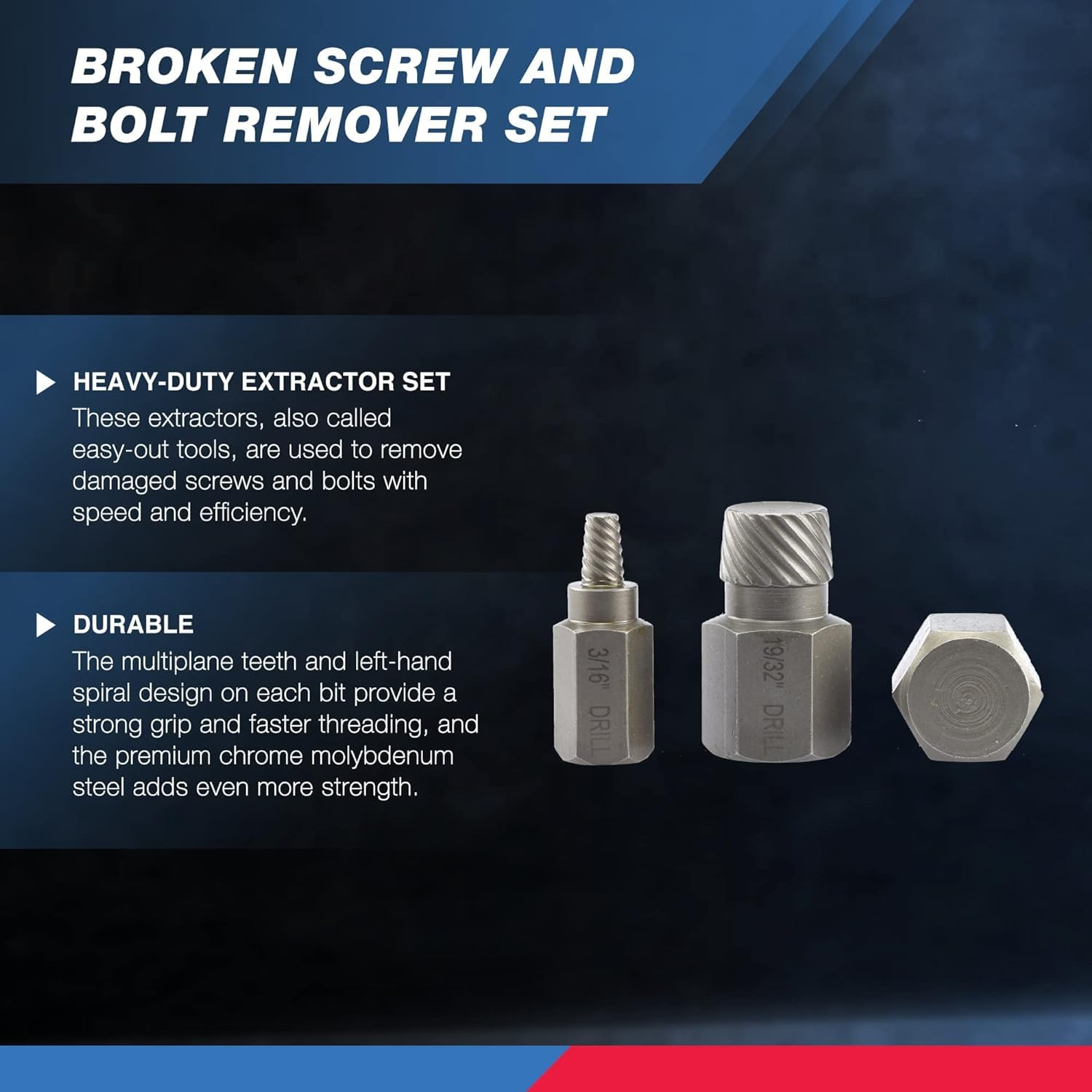 NEIKO 04204A Hex-Head Multispline Screw and Bolt Extractor Set, Easy-Out Screw Extraction, Broken Bolt Remover, Stripped Fastener Tool, 1/8 Inch to 7/8 Inch in 1/32-Inch Increments, Crmo, 25 Pieces image number 4