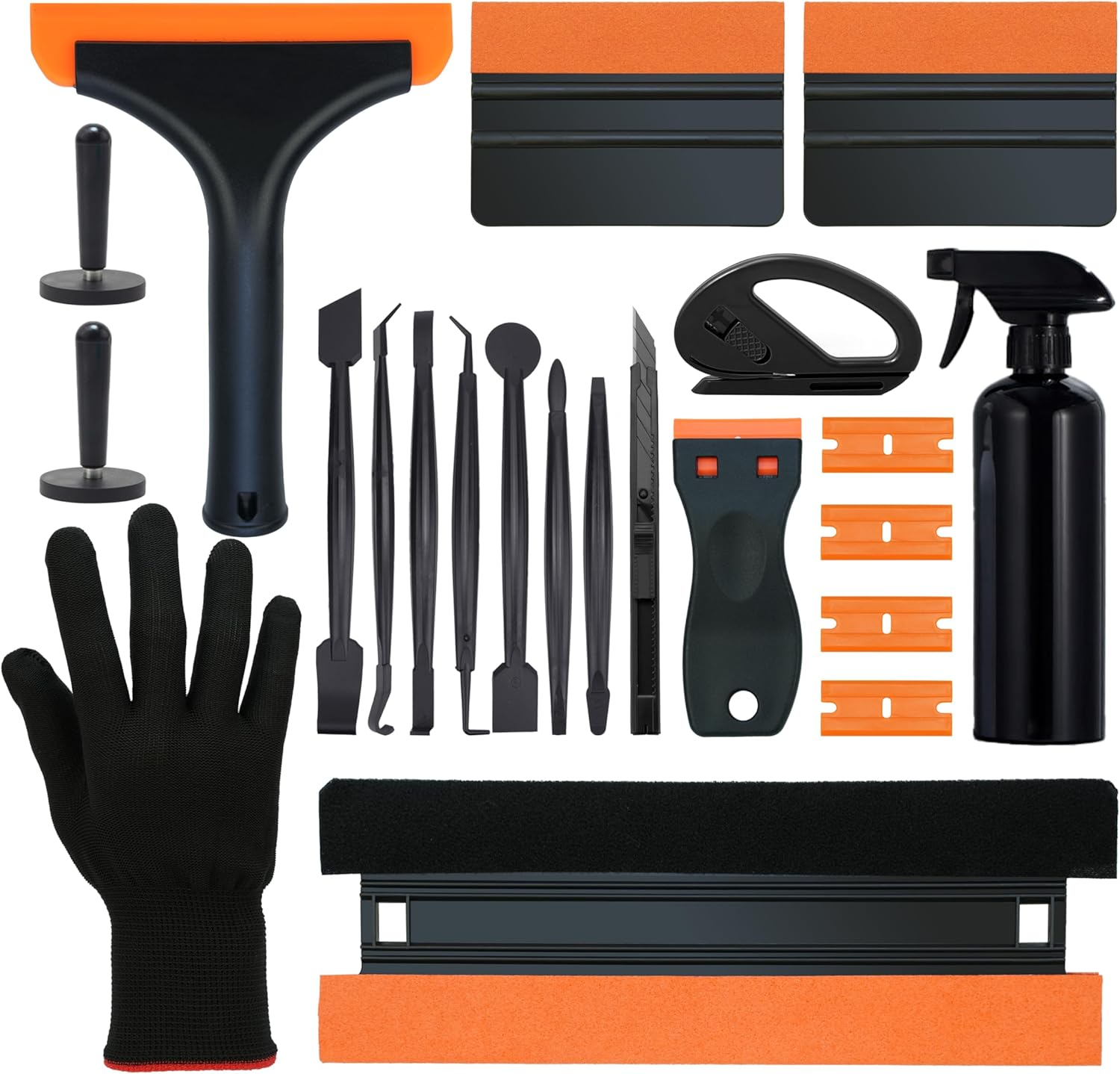 Vehicle Vinyl Wrap Kit, Window Tint, Wallpaper Scraper, Rubber Squeegee, Spray Bottle, Gloves, Auto Edge Trimmer Bulk, DIY Knife, Cutter, Car Solar Film Installation Tool, Black&Orange, 22In1 image number 3