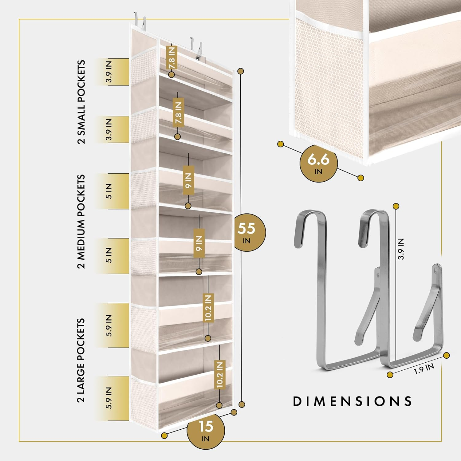 HOMELUX THEORY 1 PC Heavy Duty over the Door Organizer 55X14X6.7, 6 Large Front & 12 Side Pockets, Hanging Storage Closet Door Organizer for Bedroom, Bathroom and Baby Nursery Storage (Ivory) image number 3