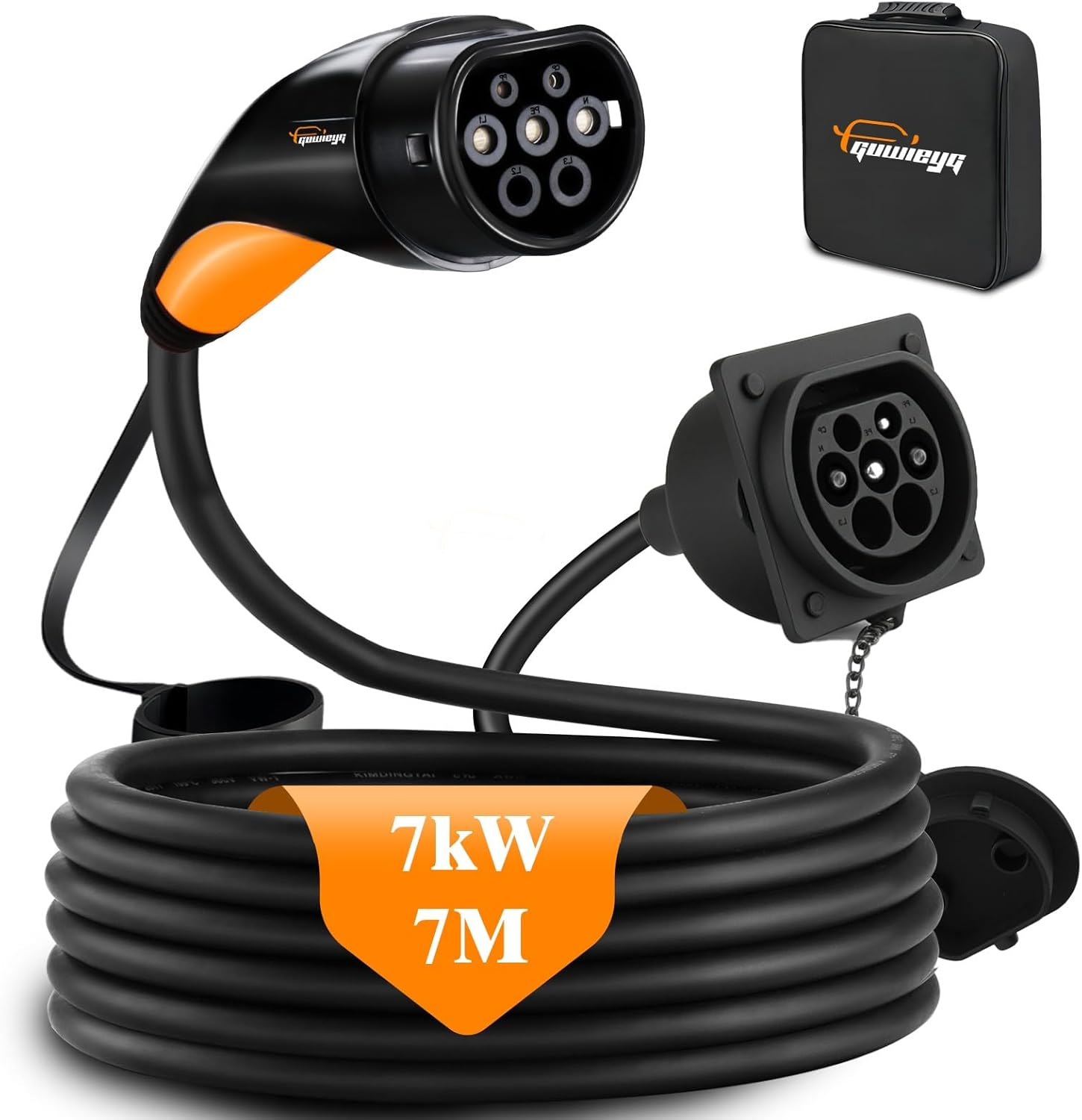 GUWIEYG Type 2 EV Extension Cable, 7 Kw, 7 M, 32 A, Extension Charging Cable for IEC62196 Electric Vehicles, Charger Extension Cable with Carry Bag